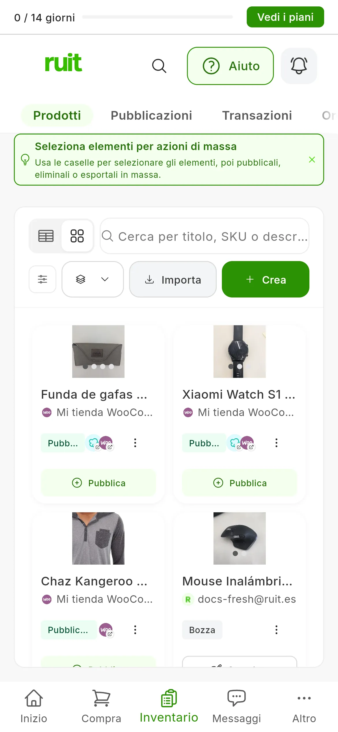 La schermata Prodotti con quattro prodotti: i tre completi hanno il pulsante Pubblica, e quello in Bozza il pulsante Completa