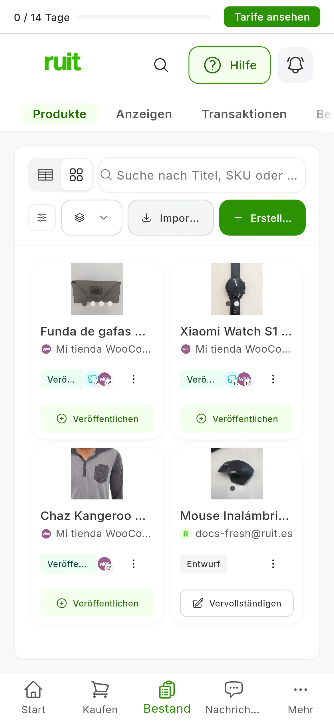 Die Ansicht Produkte mit vier Produkten: Die drei vollständigen haben die Schaltfläche Veröffentlichen, das im Status Entwurf die Schaltfläche Vervollständigen