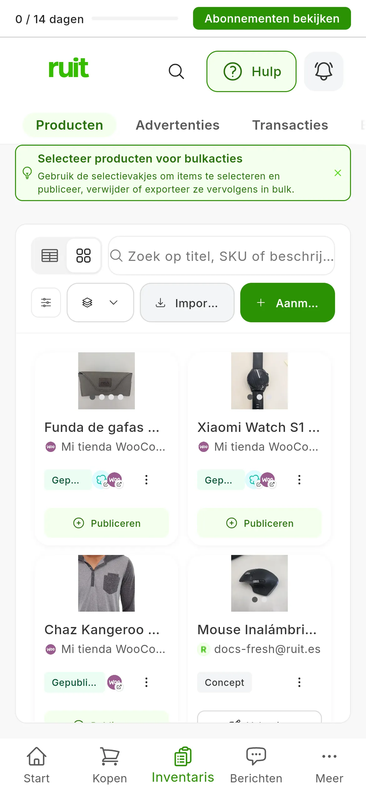 Het scherm Producten met vier producten: de drie complete hebben de knop Publiceren, en het product op Concept de knop Voltooien