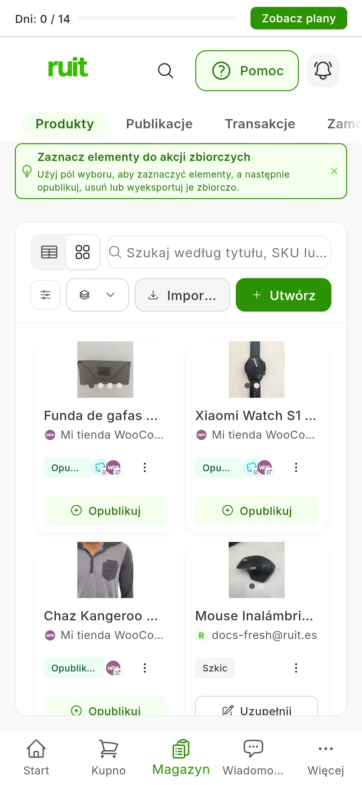 Widok Produkty z czterema produktami: trzy kompletne mają przycisk Opublikuj, a ten w statusie Szkic przycisk Uzupełnij