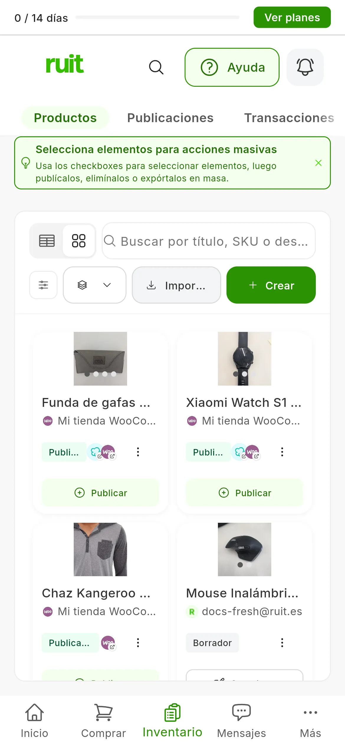 La pantalla Productos con cuatro productos: los tres completos llevan el botón Publicar, y el que está en Borrador, el botón Completar
