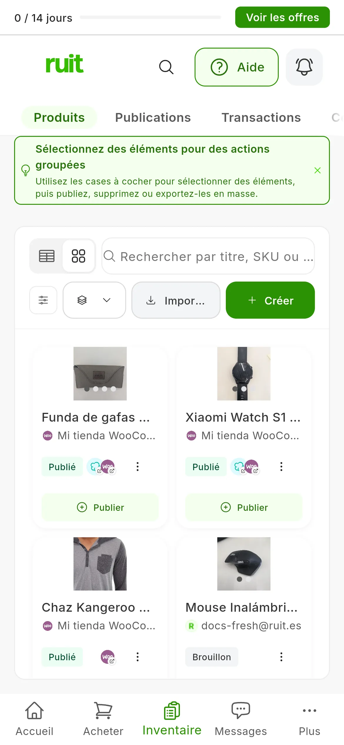 L'écran Produits avec quatre produits : les trois complets ont le bouton Publier, et celui qui est en Brouillon, le bouton Compléter