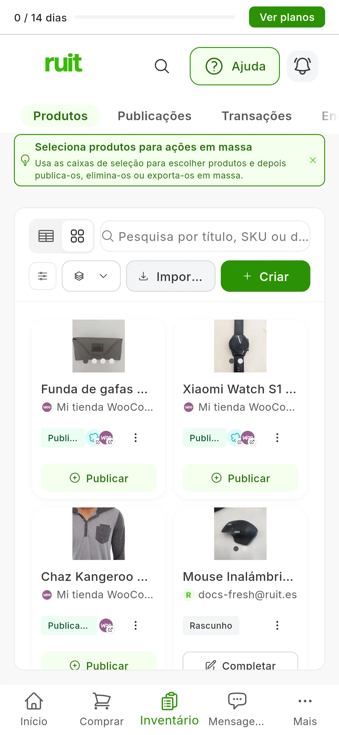 O ecrã Produtos com quatro produtos: os três completos têm o botão Publicar, e o que está em Rascunho, o botão Completar