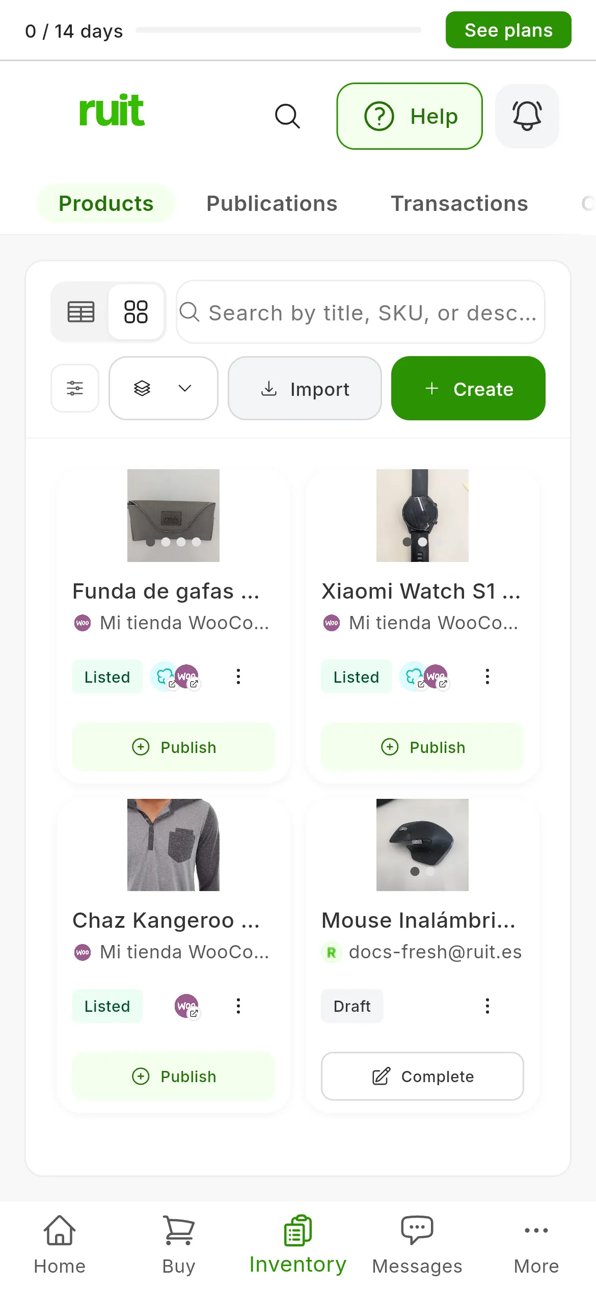 The Products screen with four products: the three complete ones carry the Publish button, and the one in Draft, the Complete button