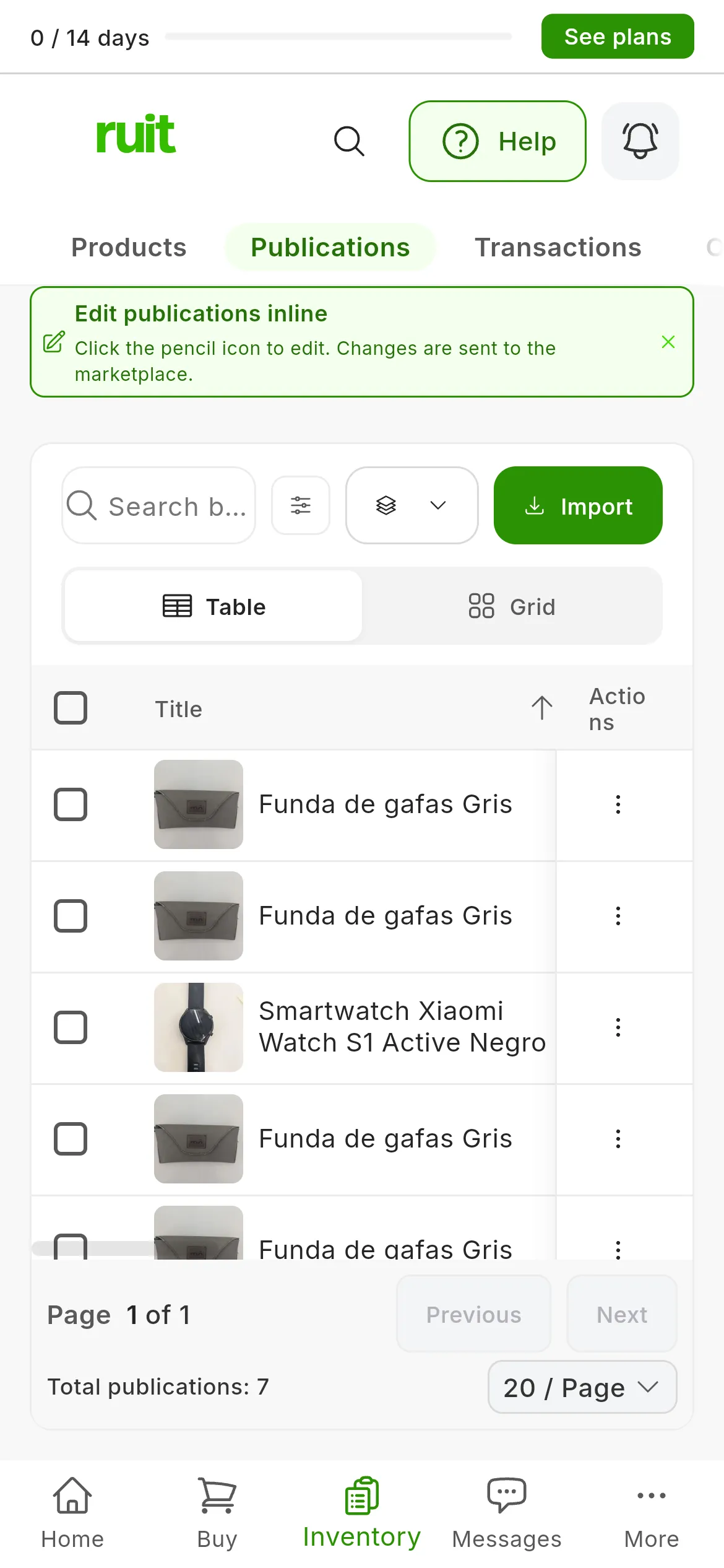 The Inventory → Publications table: at the top the two listings just published, on Mi tienda Shopify and Mi tienda PrestaShop, and below them the ones that were already there; each row starts with the listing's photo and title