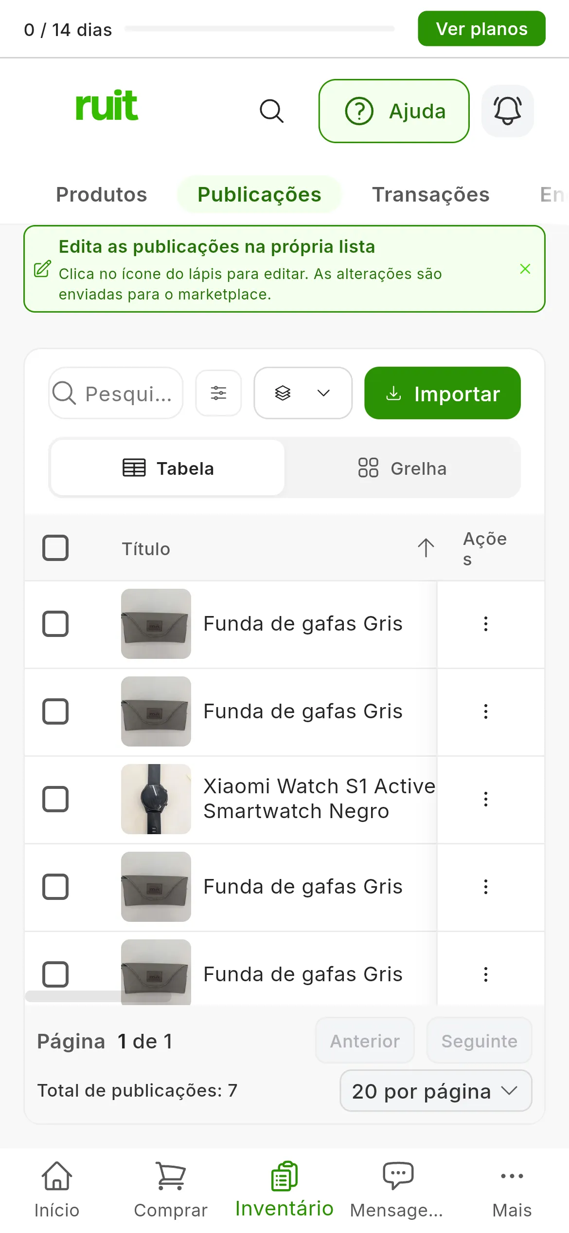A tabela de Inventário → Publicações: em cima os dois anúncios acabados de publicar, em Mi tienda Shopify e Mi tienda PrestaShop, e por baixo os que já lá estavam; cada linha começa pela foto e pelo título do anúncio