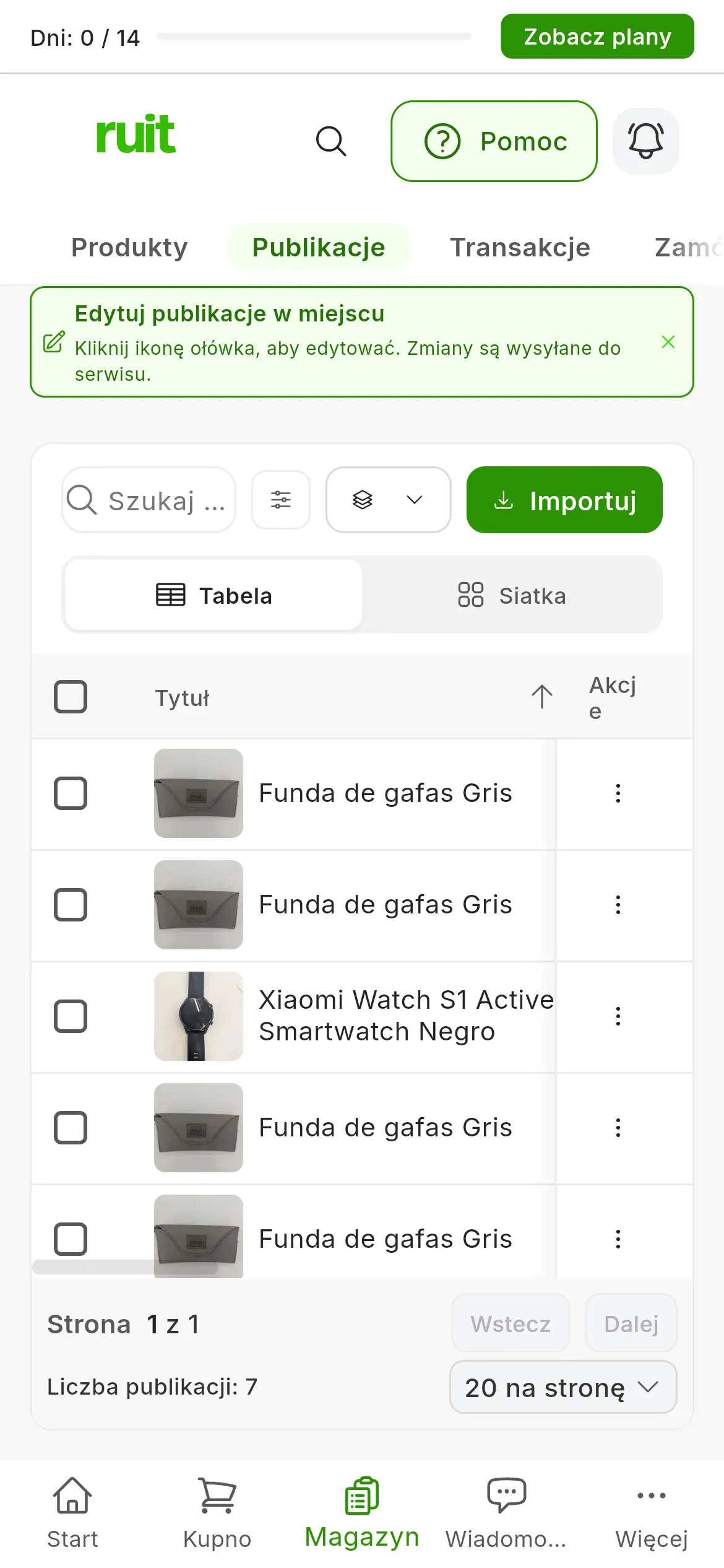 Tabela w zakładce Magazyn → Publikacje: na górze dwa świeżo opublikowane ogłoszenia, na Mi tienda Shopify i Mi tienda PrestaShop, a pod nimi te, które już tam były; każdy wiersz zaczyna się od zdjęcia i tytułu ogłoszenia