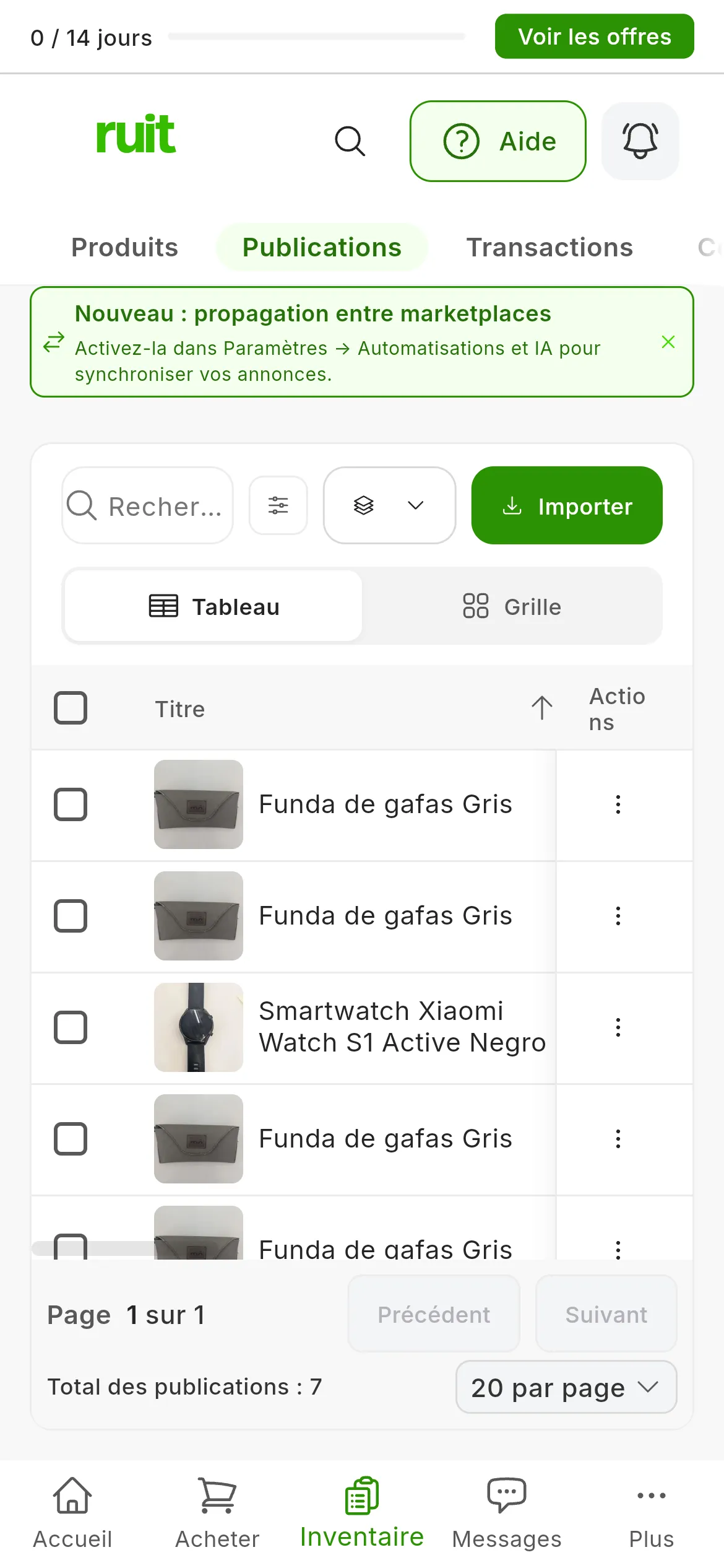Le tableau d'Inventaire → Publications : en haut les deux annonces qui viennent d'être publiées, sur Mi tienda Shopify et Mi tienda PrestaShop, et en dessous celles qui y étaient déjà ; chaque ligne commence par la photo et le titre de l'annonce
