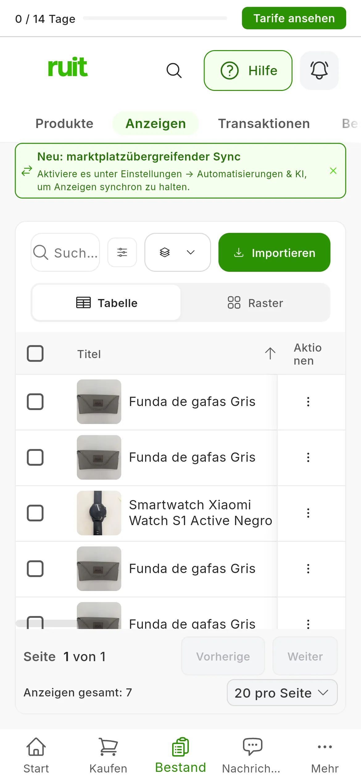 Die Tabelle unter Bestand → Anzeigen: oben die zwei gerade veröffentlichten Anzeigen, auf Mi tienda Shopify und Mi tienda PrestaShop, darunter die schon vorhandenen; jede Zeile beginnt mit dem Foto und dem Titel der Anzeige