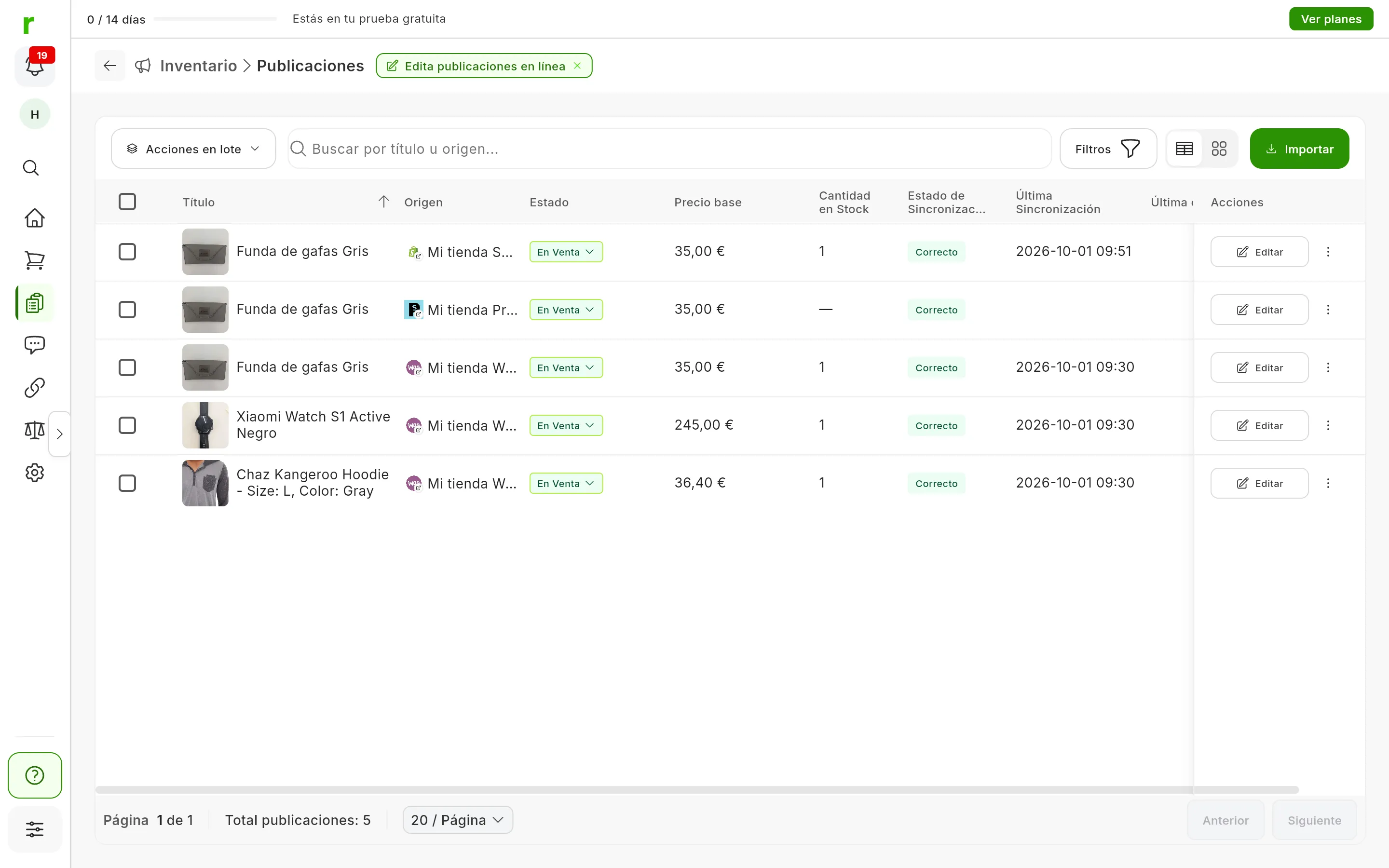 La tabla de Inventario → Publicaciones: arriba los dos anuncios recién publicados, en Mi tienda Shopify y Mi tienda PrestaShop, y debajo los que ya había; cada fila empieza por la foto y el título del anuncio