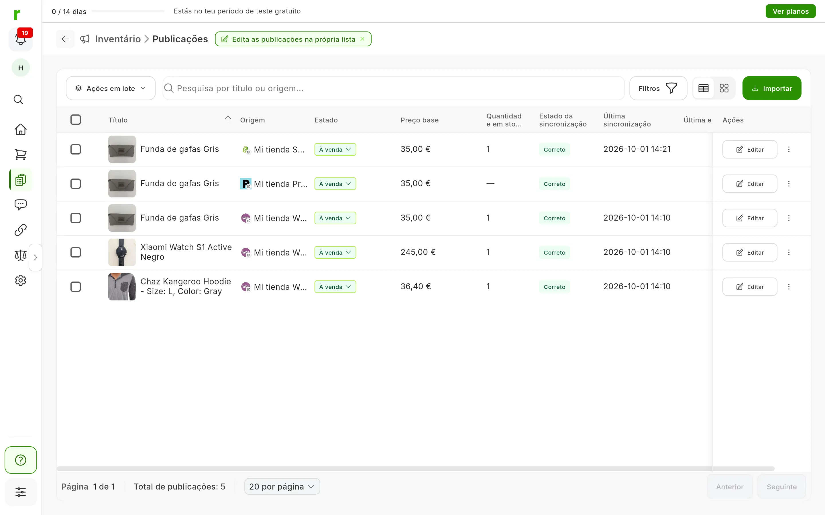 A tabela de Inventário → Publicações: em cima os dois anúncios acabados de publicar, em Mi tienda Shopify e Mi tienda PrestaShop, e por baixo os que já lá estavam; cada linha começa pela foto e pelo título do anúncio