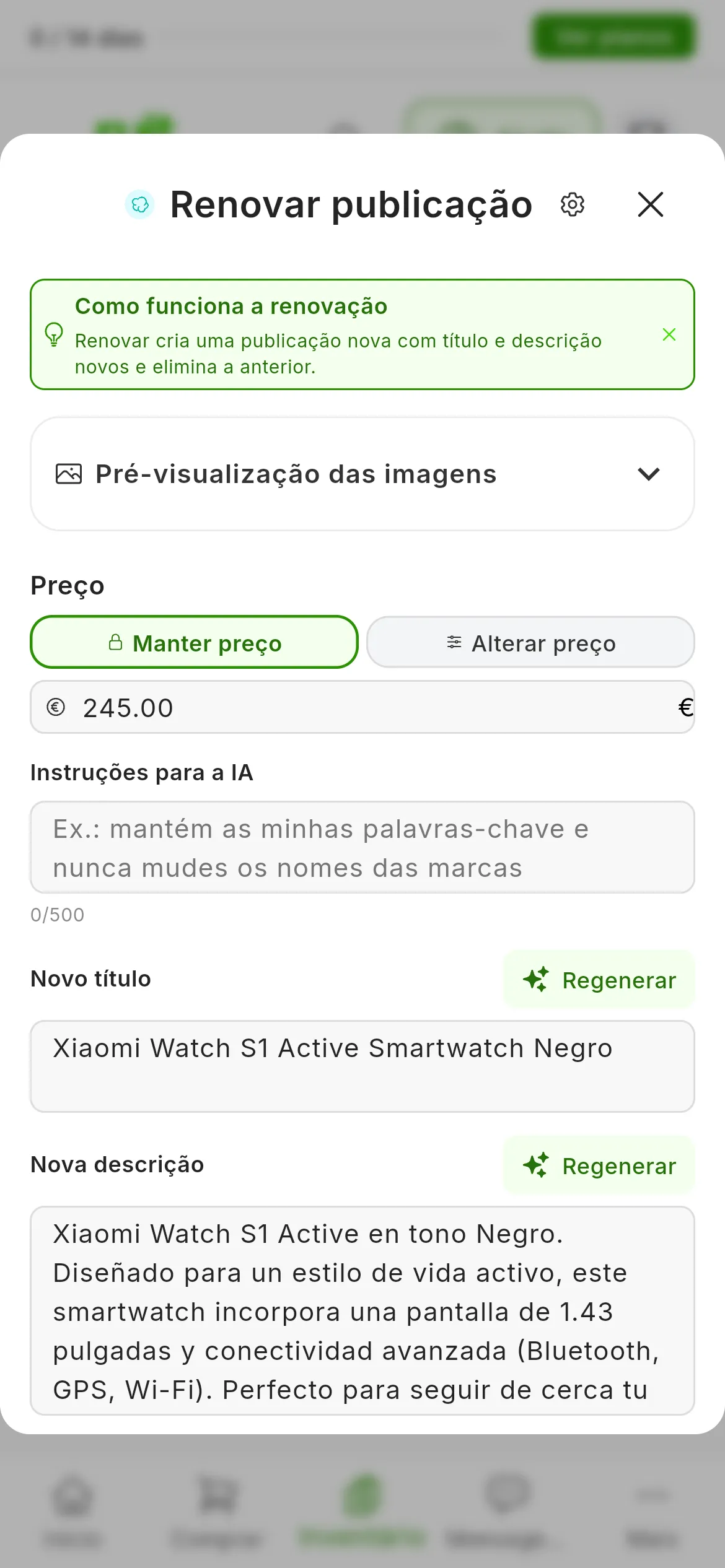 A janela Renovar publicação de um anúncio do Wallapop: o aviso Como funciona a renovação, Pré-visualização das imagens fechada, Preço com Manter preço escolhido e Alterar preço ao lado, Instruções para a IA, e o Novo título e a Nova descrição que a IA escreveu, cada um com o seu botão Regenerar