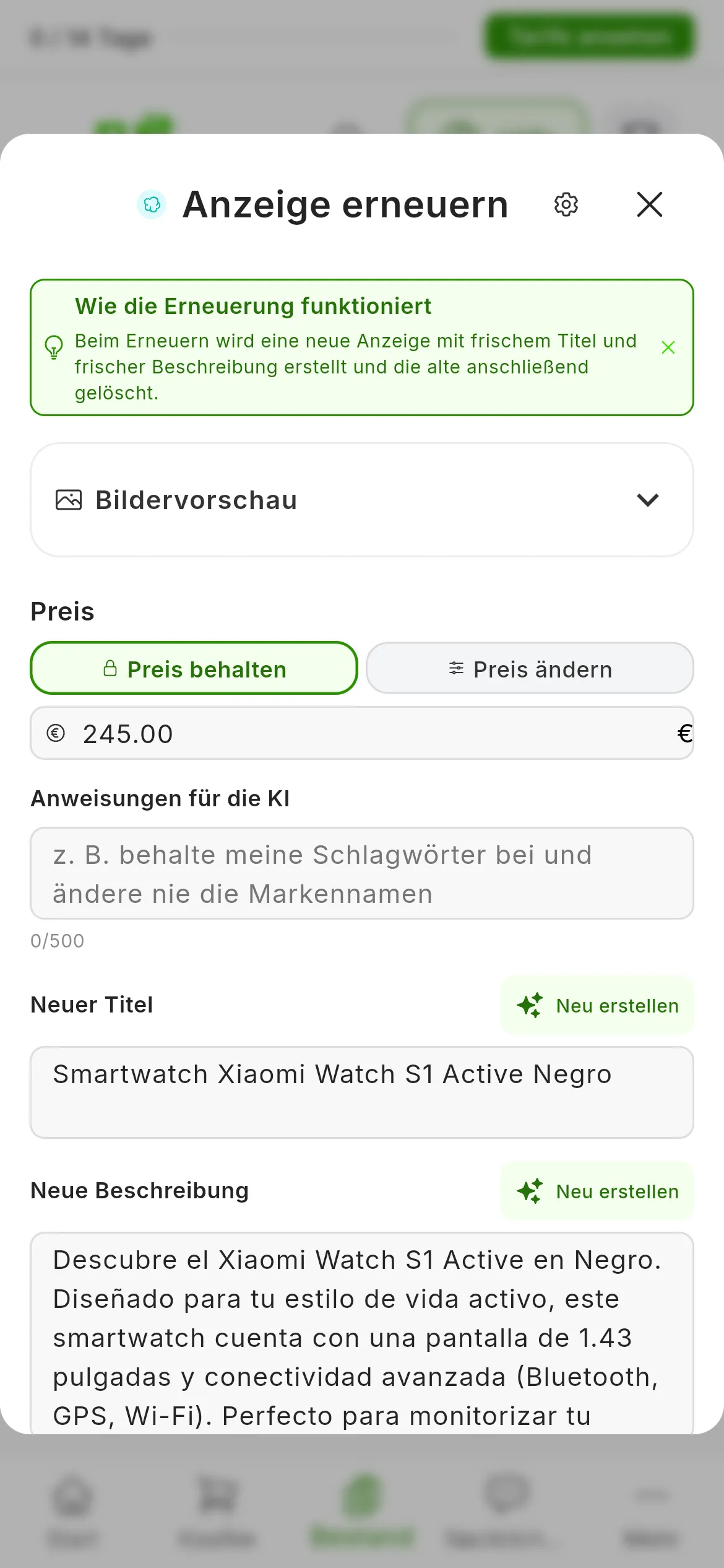Das Fenster Anzeige erneuern für eine Wallapop-Anzeige: der Hinweis Wie die Erneuerung funktioniert, die eingeklappte Bildervorschau, Preis mit gewähltem Preis behalten und daneben Preis ändern, Anweisungen für die KI sowie Neuer Titel und Neue Beschreibung, von der KI geschrieben, jeweils mit ihrer Schaltfläche Neu erstellen