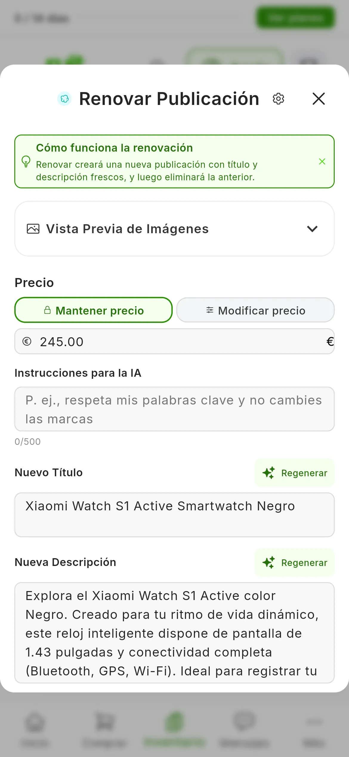 La ventana Renovar Publicación de un anuncio de Wallapop: el aviso Cómo funciona la renovación, Vista Previa de Imágenes plegada, Precio con Mantener precio elegido y Modificar precio al lado, Instrucciones para la IA, y el Nuevo Título y la Nueva Descripción que ha escrito la IA, cada uno con su botón Regenerar