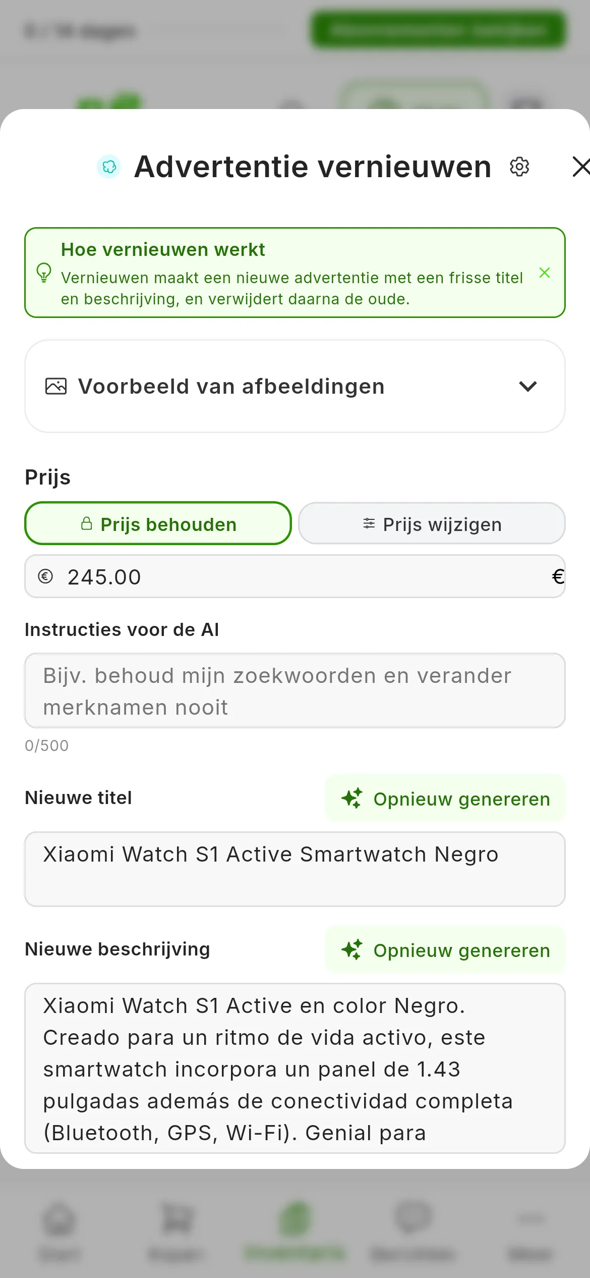 Het venster Advertentie vernieuwen van een Wallapop-advertentie: de melding Hoe vernieuwen werkt, Voorbeeld van afbeeldingen ingeklapt, Prijs met Prijs behouden gekozen en Prijs wijzigen ernaast, Instructies voor de AI, en de Nieuwe titel en de Nieuwe beschrijving die de AI heeft geschreven, elk met een knop Opnieuw genereren