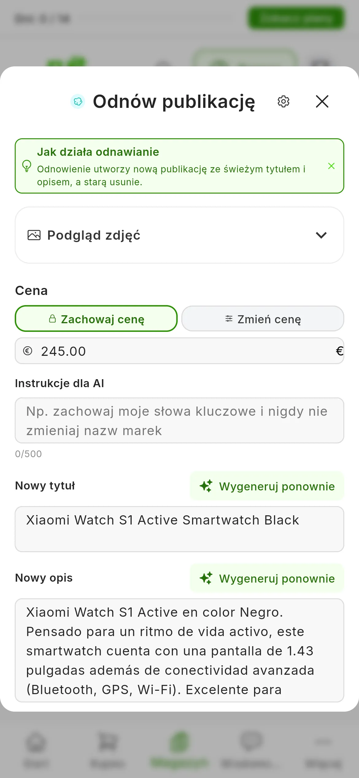 Okno Odnów publikację dla ogłoszenia z Wallapop: informacja Jak działa odnawianie, zwinięty Podgląd zdjęć, Cena z wybraną opcją Zachowaj cenę i obok Zmień cenę, Instrukcje dla AI oraz Nowy tytuł i Nowy opis napisane przez AI, każde z przyciskiem Wygeneruj ponownie