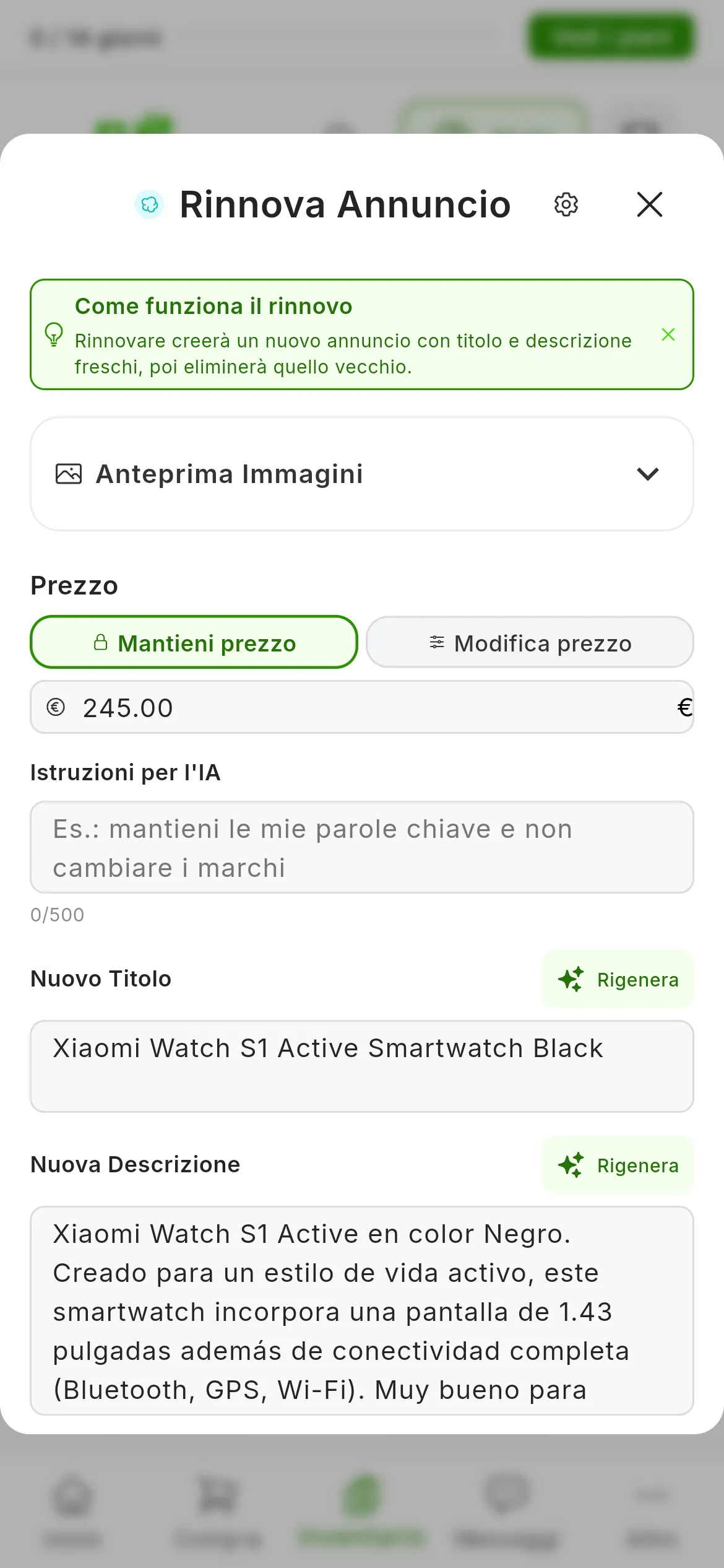 La finestra Rinnova Annuncio di un annuncio di Wallapop: l'avviso Come funziona il rinnovo, Anteprima Immagini chiusa, Prezzo con Mantieni prezzo scelto e Modifica prezzo accanto, Istruzioni per l'IA, e il Nuovo Titolo e la Nuova Descrizione scritti dall'IA, ognuno con il suo pulsante Rigenera