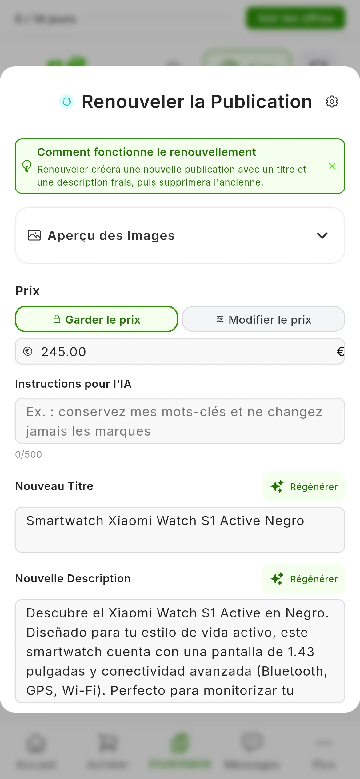 La fenêtre Renouveler la Publication d'une annonce Wallapop : l'encadré Comment fonctionne le renouvellement, Aperçu des Images replié, Prix avec Garder le prix choisi et Modifier le prix à côté, Instructions pour l'IA, et le Nouveau Titre et la Nouvelle Description écrits par l'IA, chacun avec son bouton Régénérer