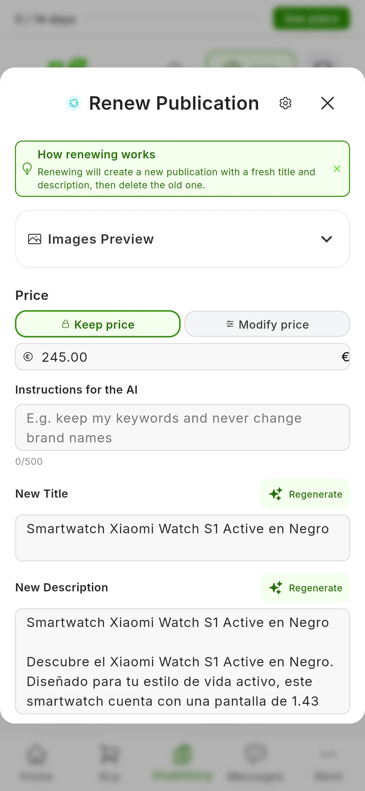 The Renew Publication window for a Wallapop listing: the How renewing works notice, Images Preview collapsed, Price with Keep price chosen and Modify price next to it, Instructions for the AI, and the New Title and New Description the AI has written, each with its Regenerate button