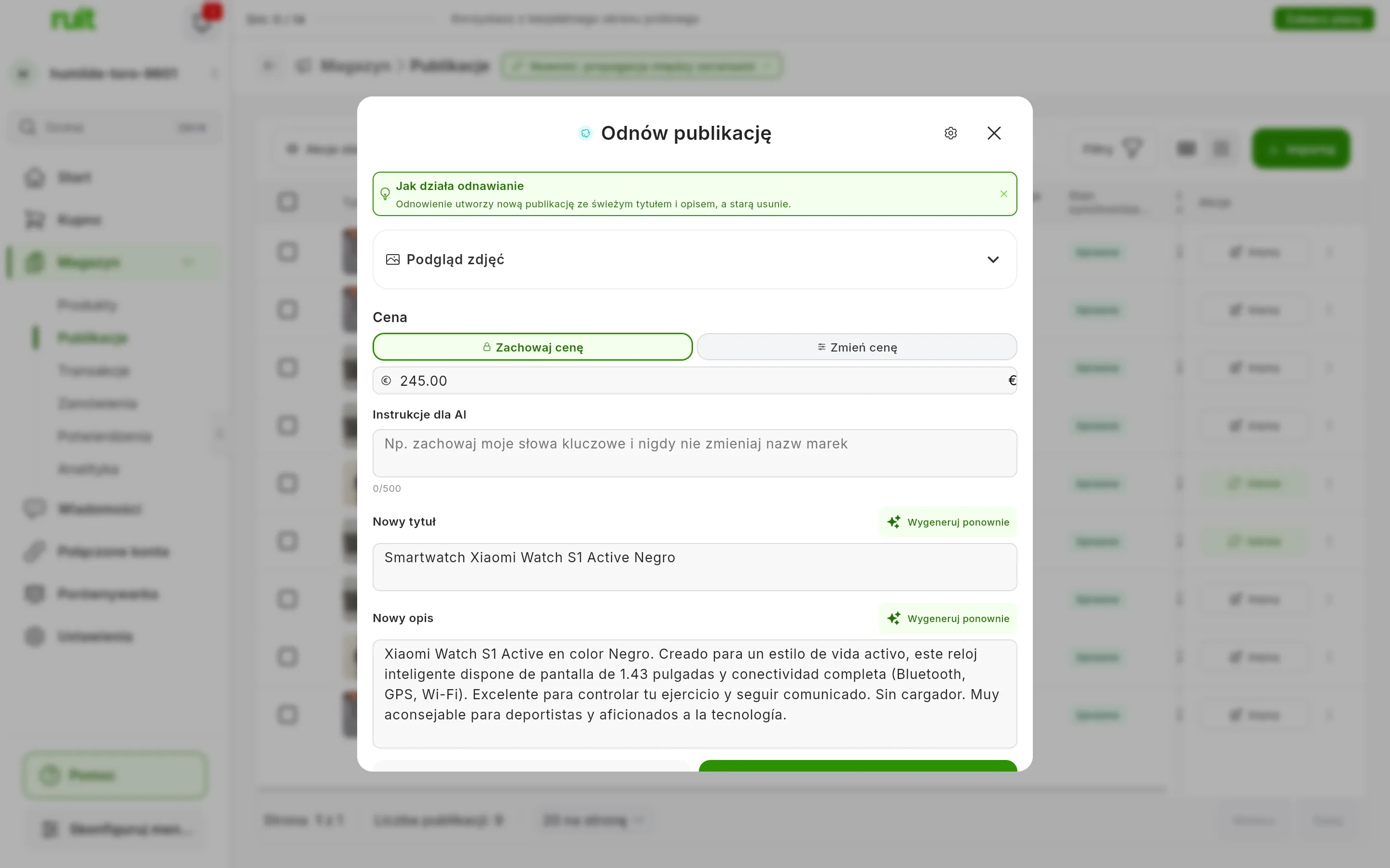 Okno Odnów publikację dla ogłoszenia z Wallapop: informacja Jak działa odnawianie, zwinięty Podgląd zdjęć, Cena z wybraną opcją Zachowaj cenę i obok Zmień cenę, Instrukcje dla AI oraz Nowy tytuł i Nowy opis napisane przez AI, każde z przyciskiem Wygeneruj ponownie