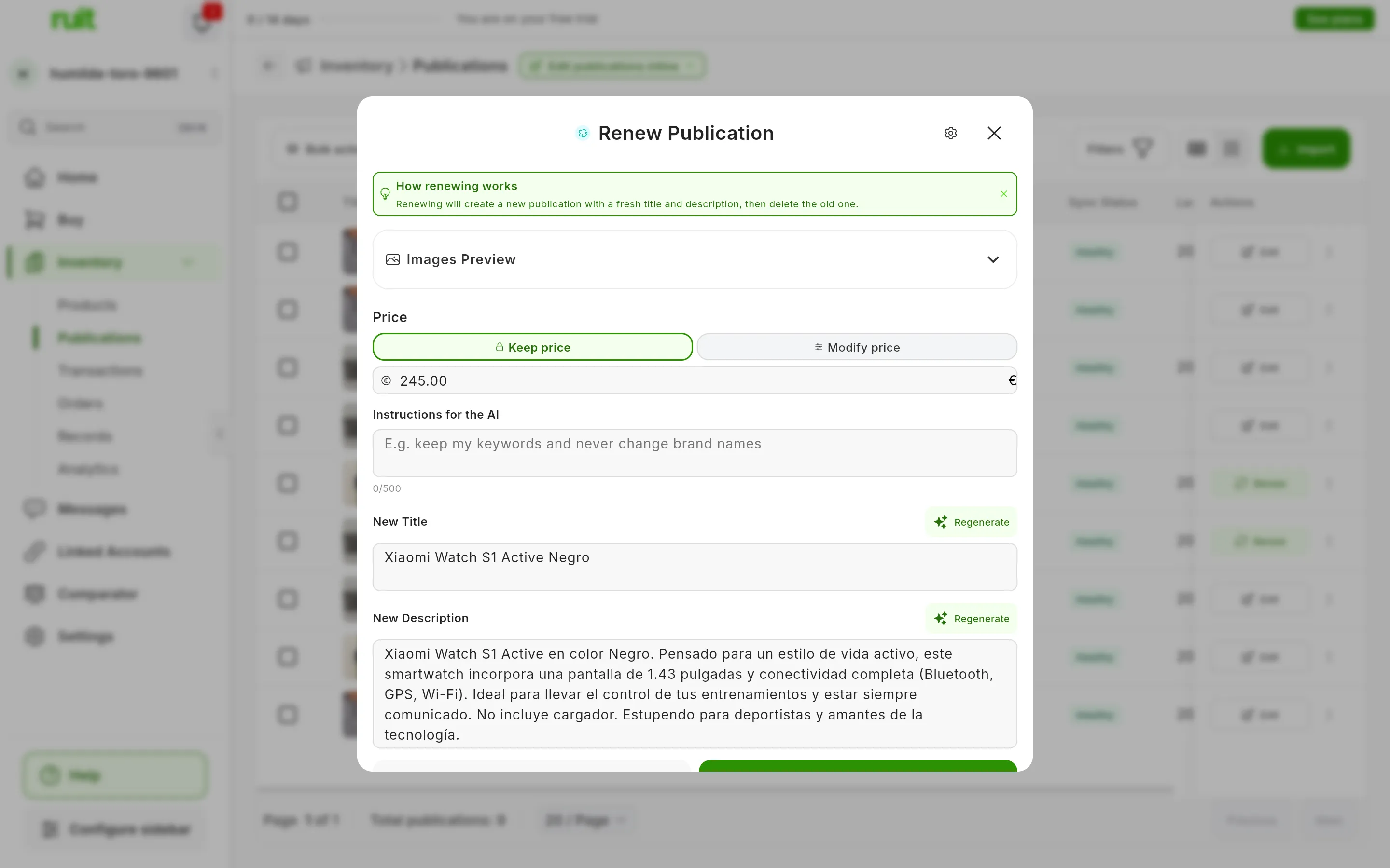 The Renew Publication window for a Wallapop listing: the How renewing works notice, Images Preview collapsed, Price with Keep price chosen and Modify price next to it, Instructions for the AI, and the New Title and New Description the AI has written, each with its Regenerate button
