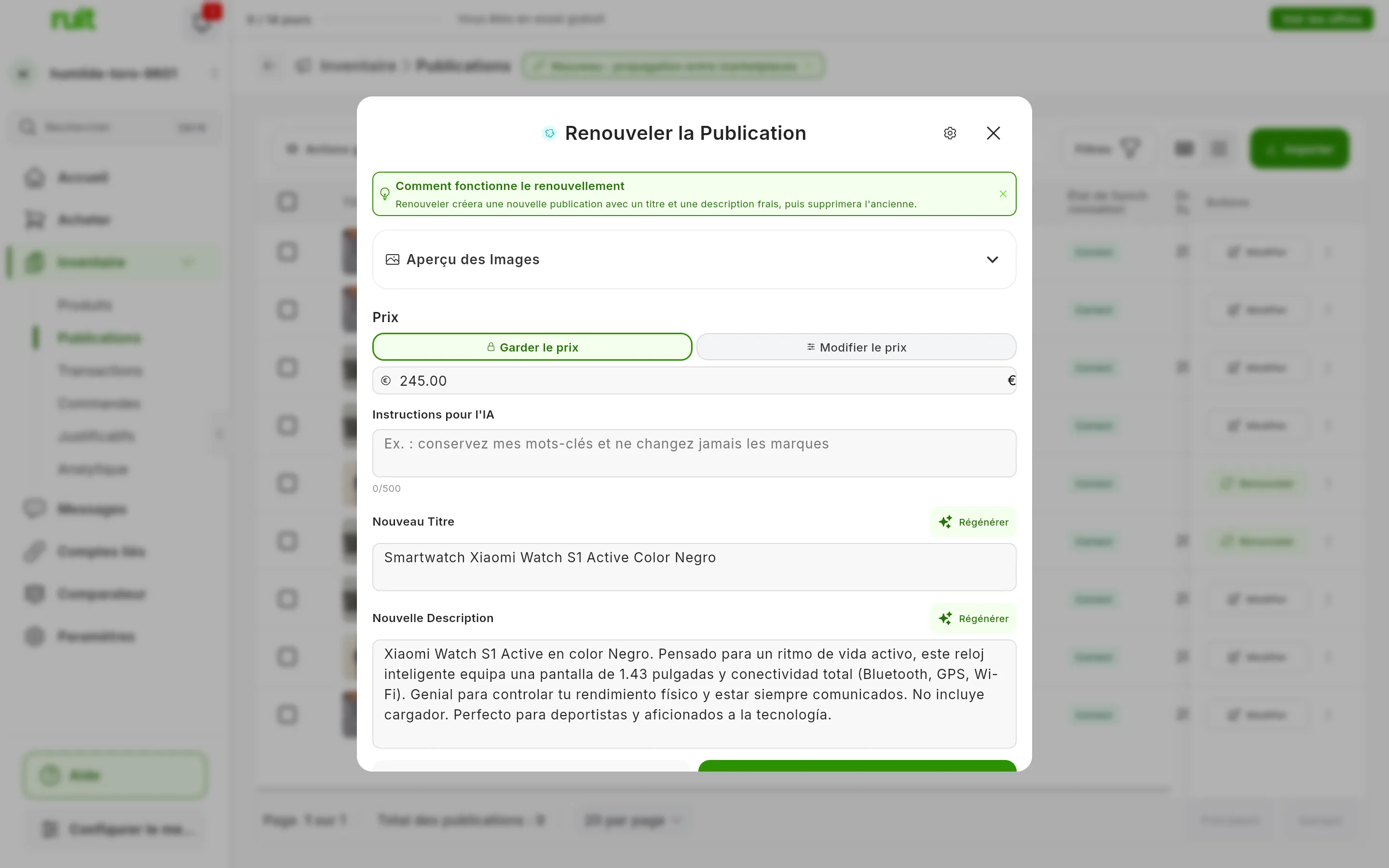 La fenêtre Renouveler la Publication d'une annonce Wallapop : l'encadré Comment fonctionne le renouvellement, Aperçu des Images replié, Prix avec Garder le prix choisi et Modifier le prix à côté, Instructions pour l'IA, et le Nouveau Titre et la Nouvelle Description écrits par l'IA, chacun avec son bouton Régénérer