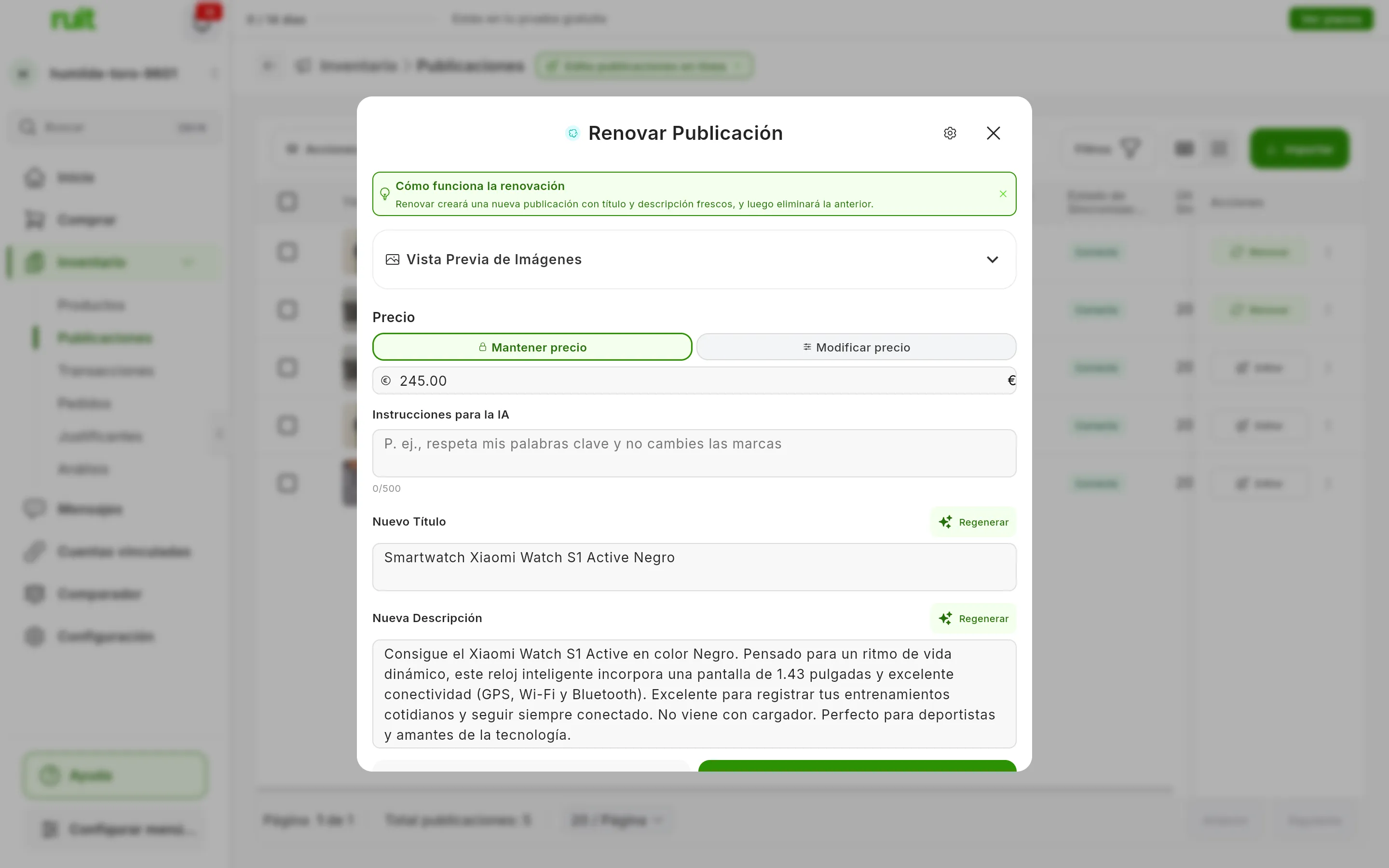 La ventana Renovar Publicación de un anuncio de Wallapop: el aviso Cómo funciona la renovación, Vista Previa de Imágenes plegada, Precio con Mantener precio elegido y Modificar precio al lado, Instrucciones para la IA, y el Nuevo Título y la Nueva Descripción que ha escrito la IA, cada uno con su botón Regenerar