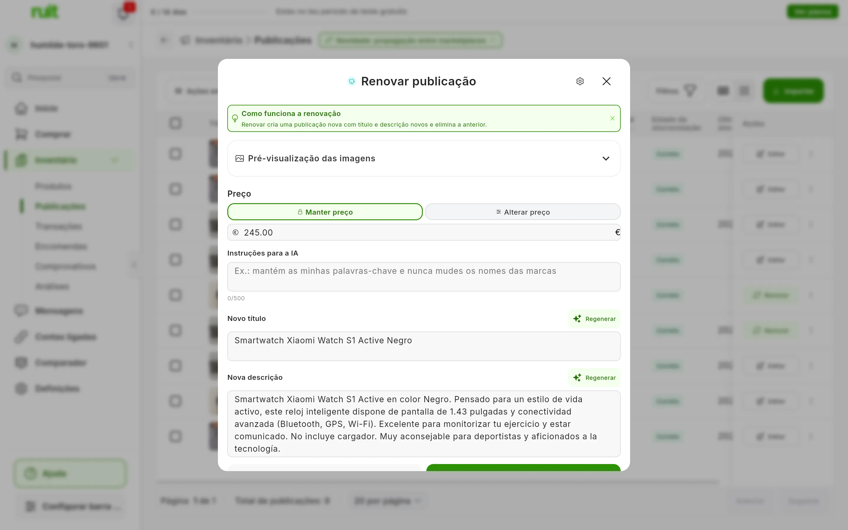 A janela Renovar publicação de um anúncio do Wallapop: o aviso Como funciona a renovação, Pré-visualização das imagens fechada, Preço com Manter preço escolhido e Alterar preço ao lado, Instruções para a IA, e o Novo título e a Nova descrição que a IA escreveu, cada um com o seu botão Regenerar