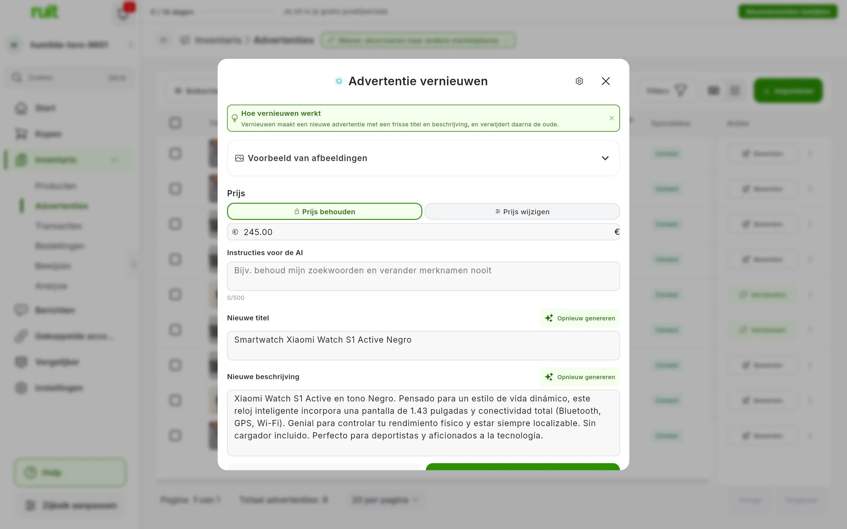 Het venster Advertentie vernieuwen van een Wallapop-advertentie: de melding Hoe vernieuwen werkt, Voorbeeld van afbeeldingen ingeklapt, Prijs met Prijs behouden gekozen en Prijs wijzigen ernaast, Instructies voor de AI, en de Nieuwe titel en de Nieuwe beschrijving die de AI heeft geschreven, elk met een knop Opnieuw genereren