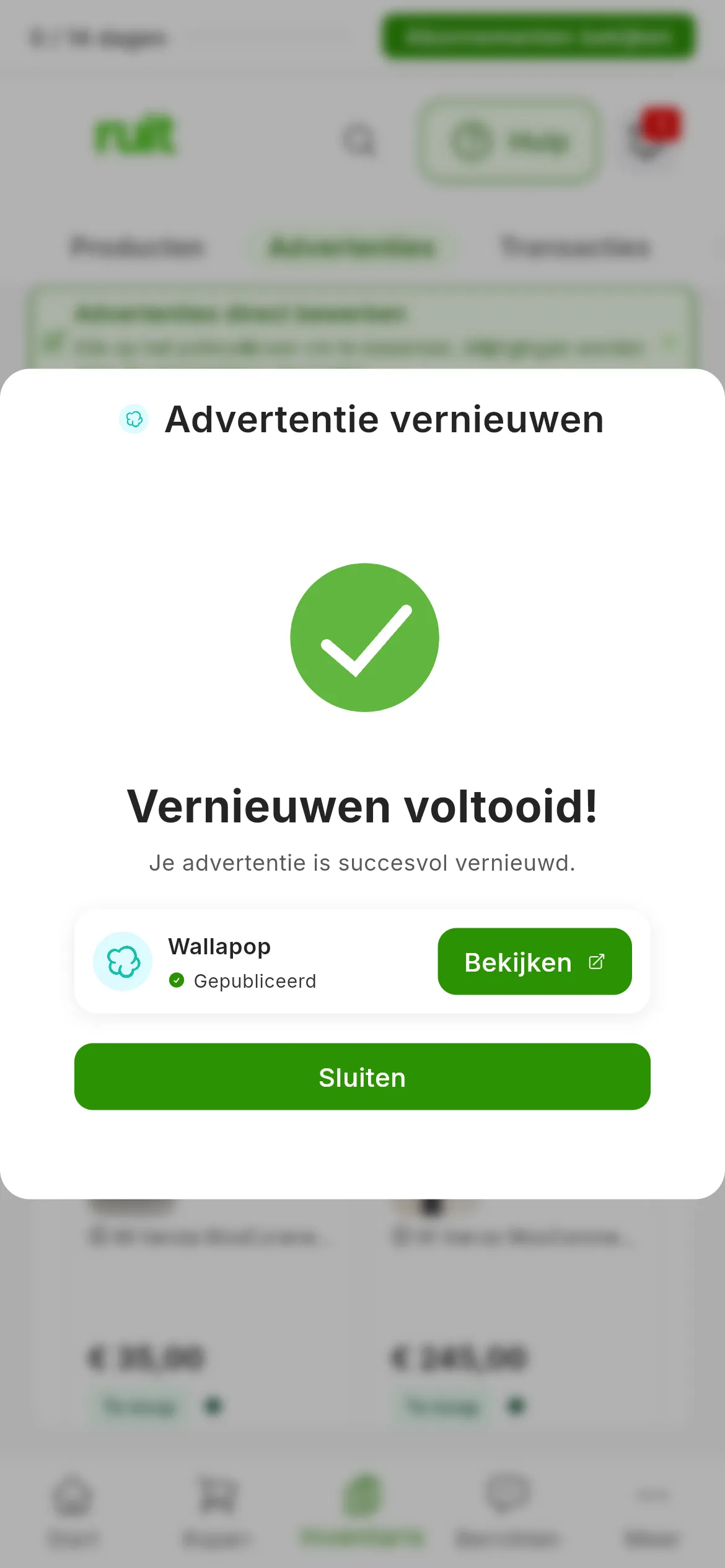 Het venster Advertentie vernieuwen aan het eind: Vernieuwen voltooid!, Je advertentie is succesvol vernieuwd., de rij van Wallapop met Gepubliceerd en de knop Bekijken, en onderaan Sluiten