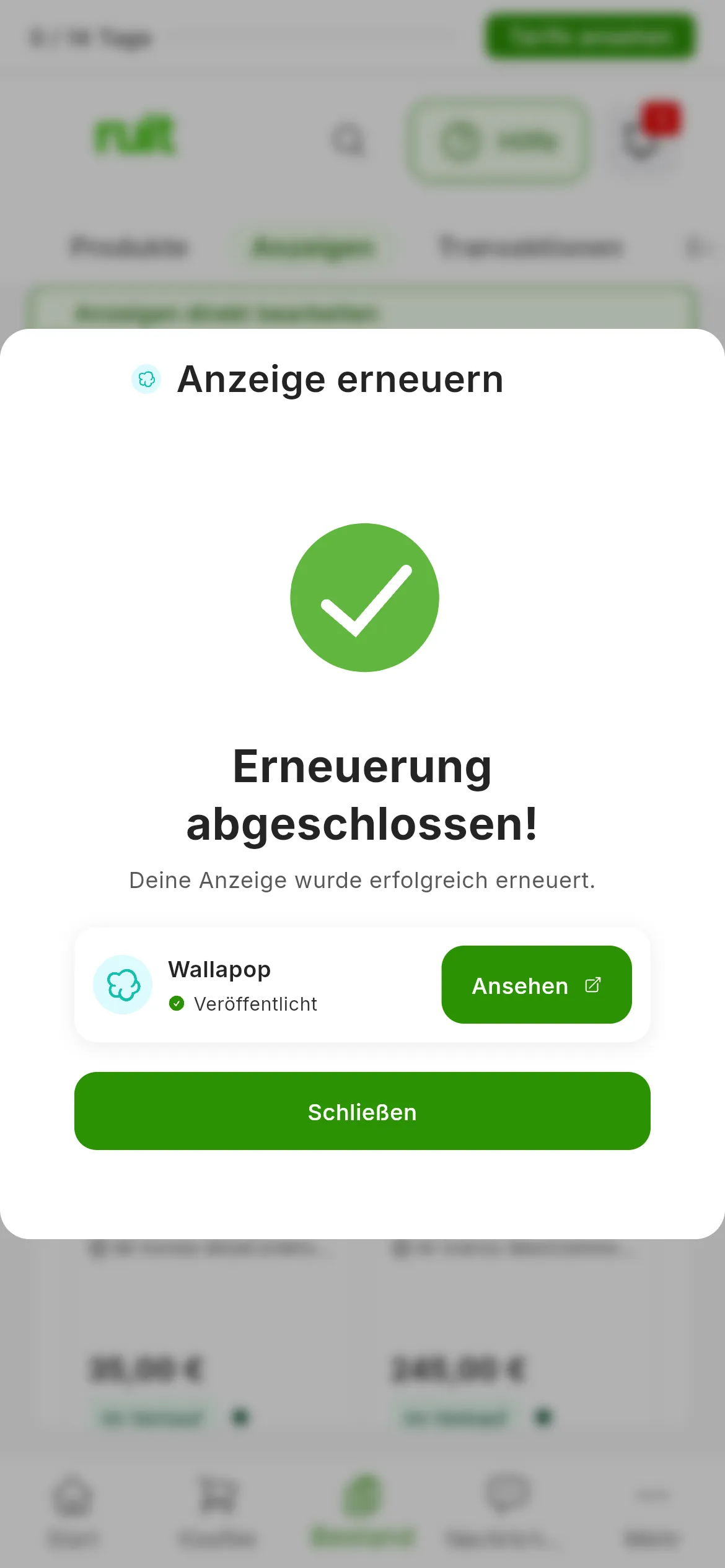 Das Fenster Anzeige erneuern am Ende: Erneuerung abgeschlossen!, Deine Anzeige wurde erfolgreich erneuert., die Zeile von Wallapop mit Veröffentlicht und der Schaltfläche Ansehen, und unten Schließen
