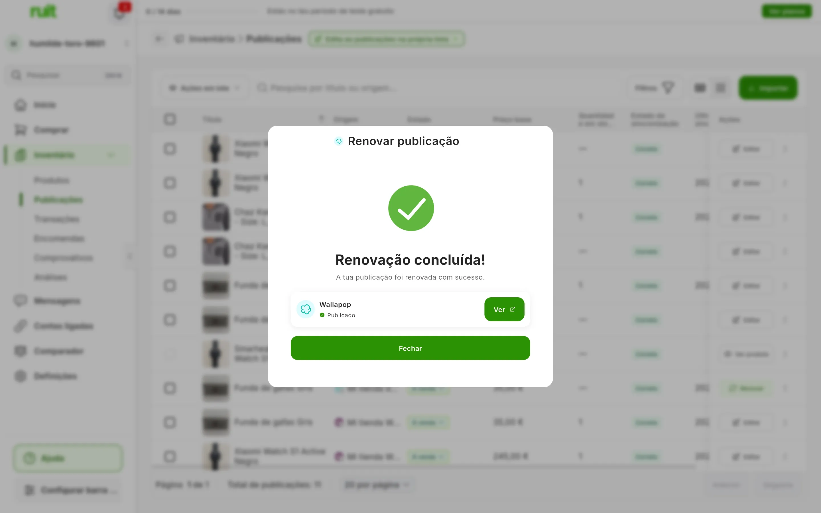 A janela Renovar publicação no fim: Renovação concluída!, A tua publicação foi renovada com sucesso., a linha do Wallapop com Publicado e o botão Ver, e em baixo Fechar