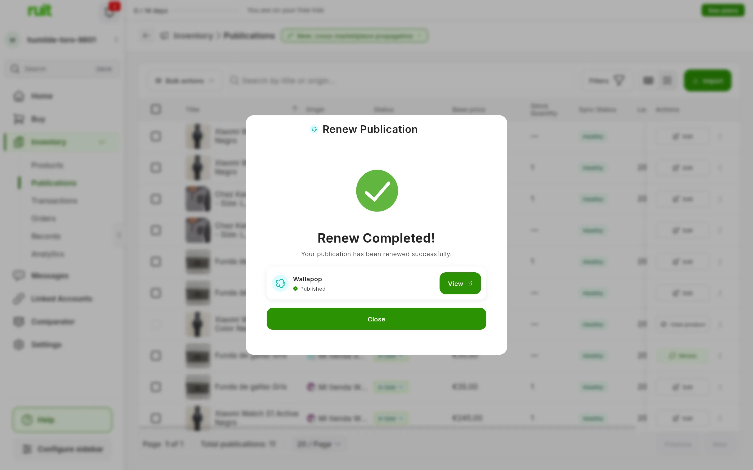 The Renew Publication window once finished: Renew Completed!, Your publication has been renewed successfully., the Wallapop row with Published and the View button, and Close at the bottom