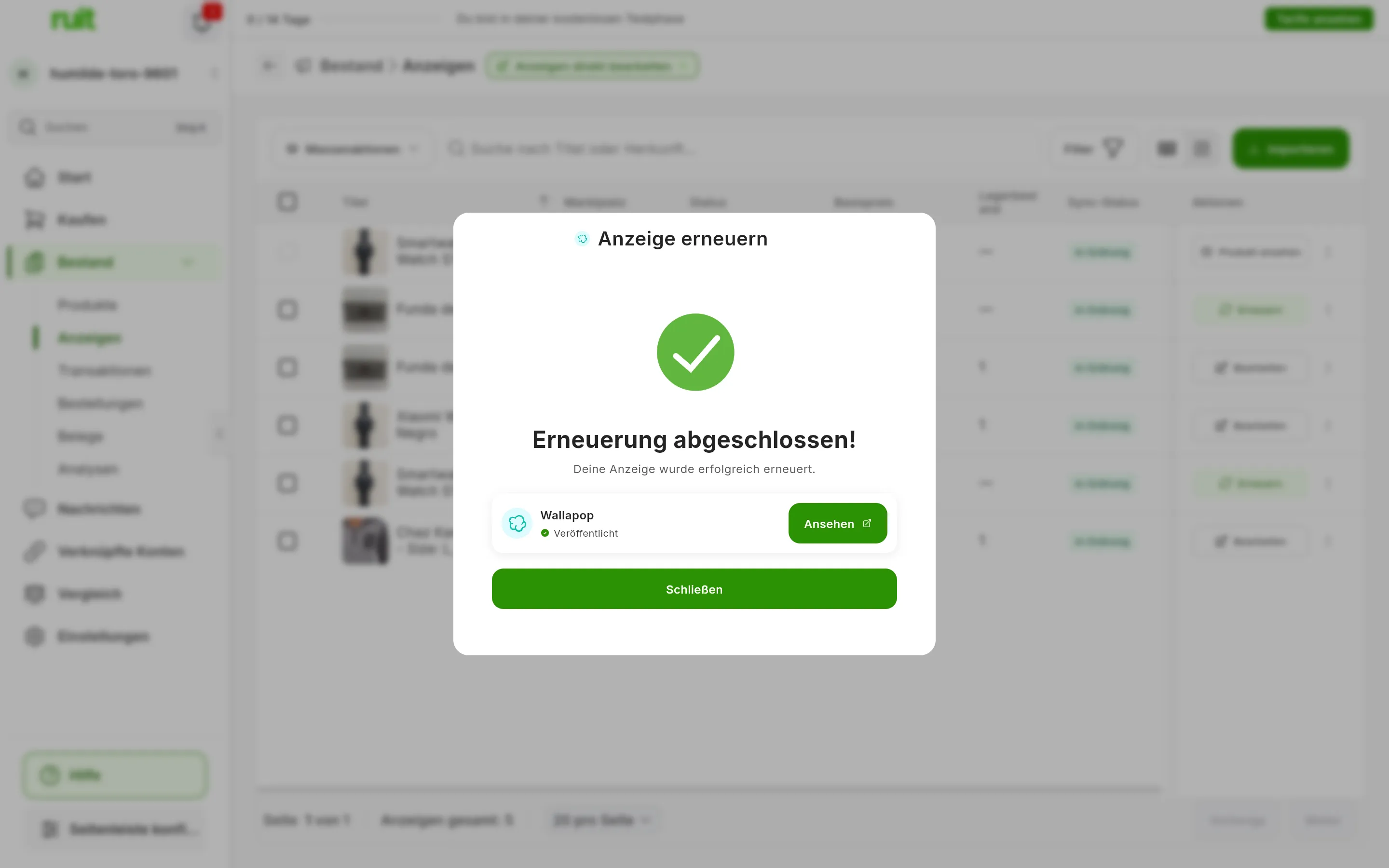 Das Fenster Anzeige erneuern am Ende: Erneuerung abgeschlossen!, Deine Anzeige wurde erfolgreich erneuert., die Zeile von Wallapop mit Veröffentlicht und der Schaltfläche Ansehen, und unten Schließen