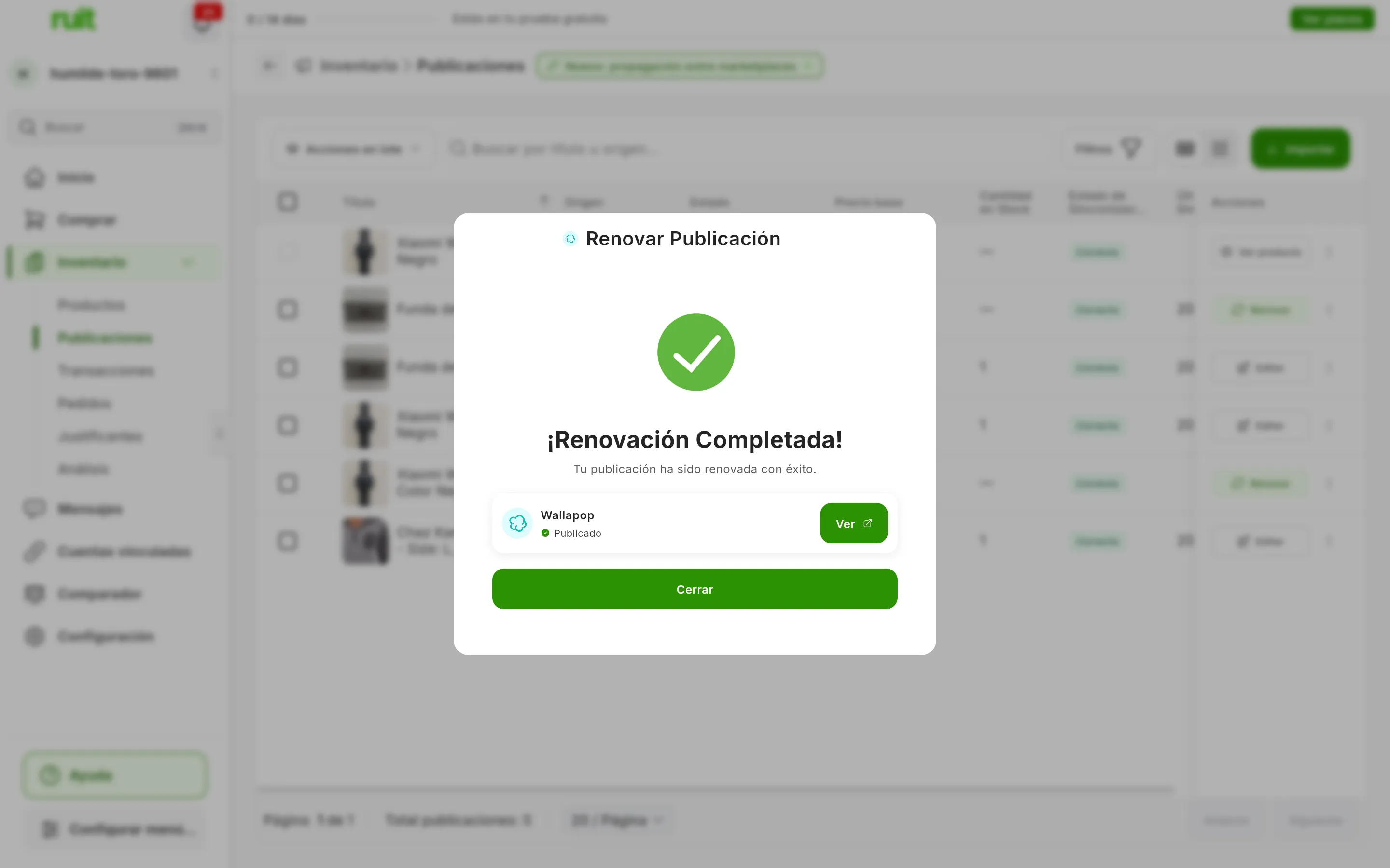 La ventana Renovar Publicación al terminar: ¡Renovación Completada!, Tu publicación ha sido renovada con éxito., la fila de Wallapop con Publicado y el botón Ver, y abajo Cerrar