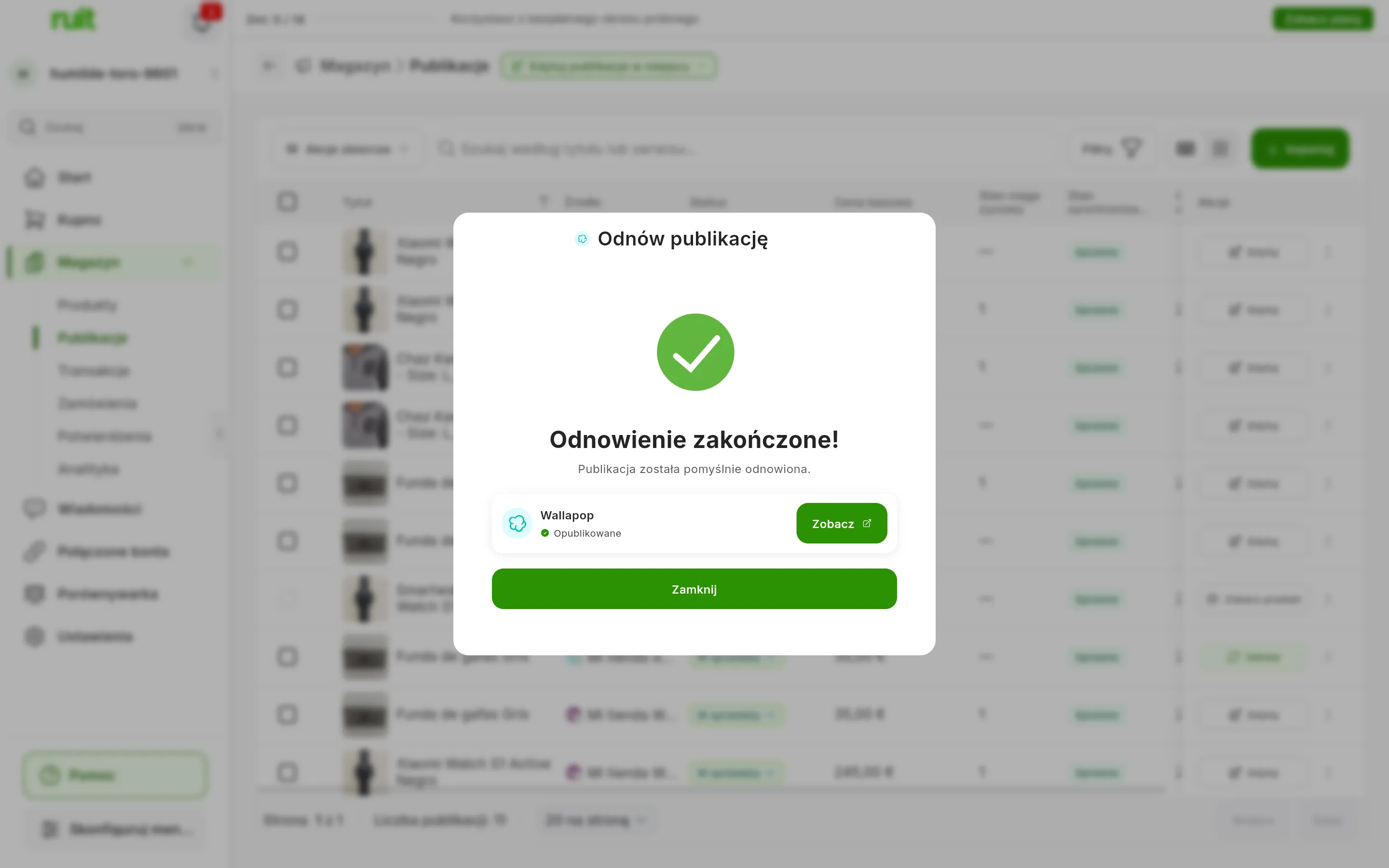 Okno Odnów publikację po zakończeniu: Odnowienie zakończone!, Publikacja została pomyślnie odnowiona., wiersz Wallapop z napisem Opublikowane i przyciskiem Zobacz, a na dole Zamknij