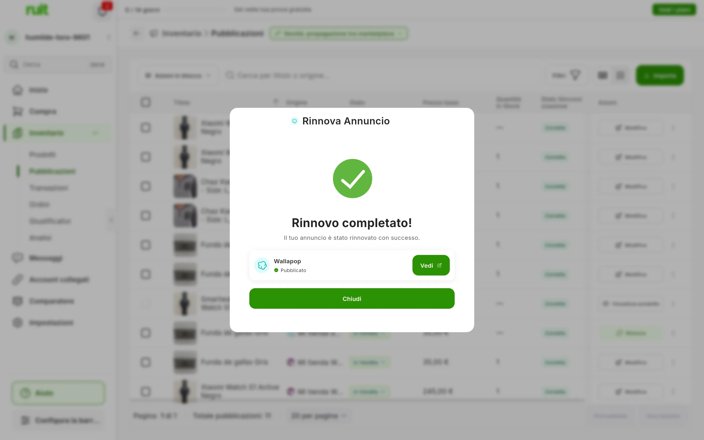 La finestra Rinnova Annuncio alla fine: Rinnovo completato!, Il tuo annuncio è stato rinnovato con successo., la riga di Wallapop con Pubblicato e il pulsante Vedi, e in basso Chiudi