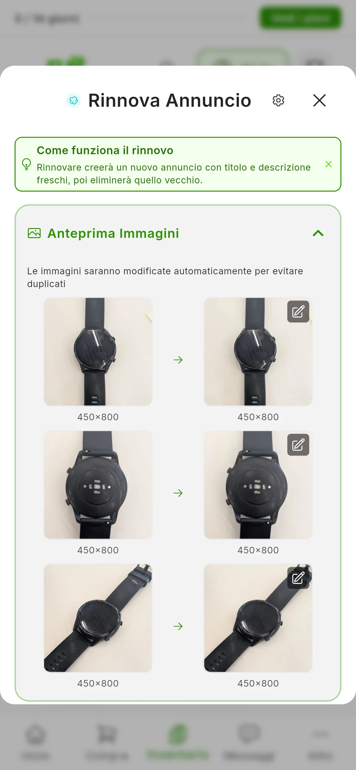 Anteprima Immagini aperta nella finestra di rinnovo: Le immagini saranno modificate automaticamente per evitare duplicati e, in ogni riga, la foto originale a sinistra e la versione modificata a destra, con un'altra dimensione