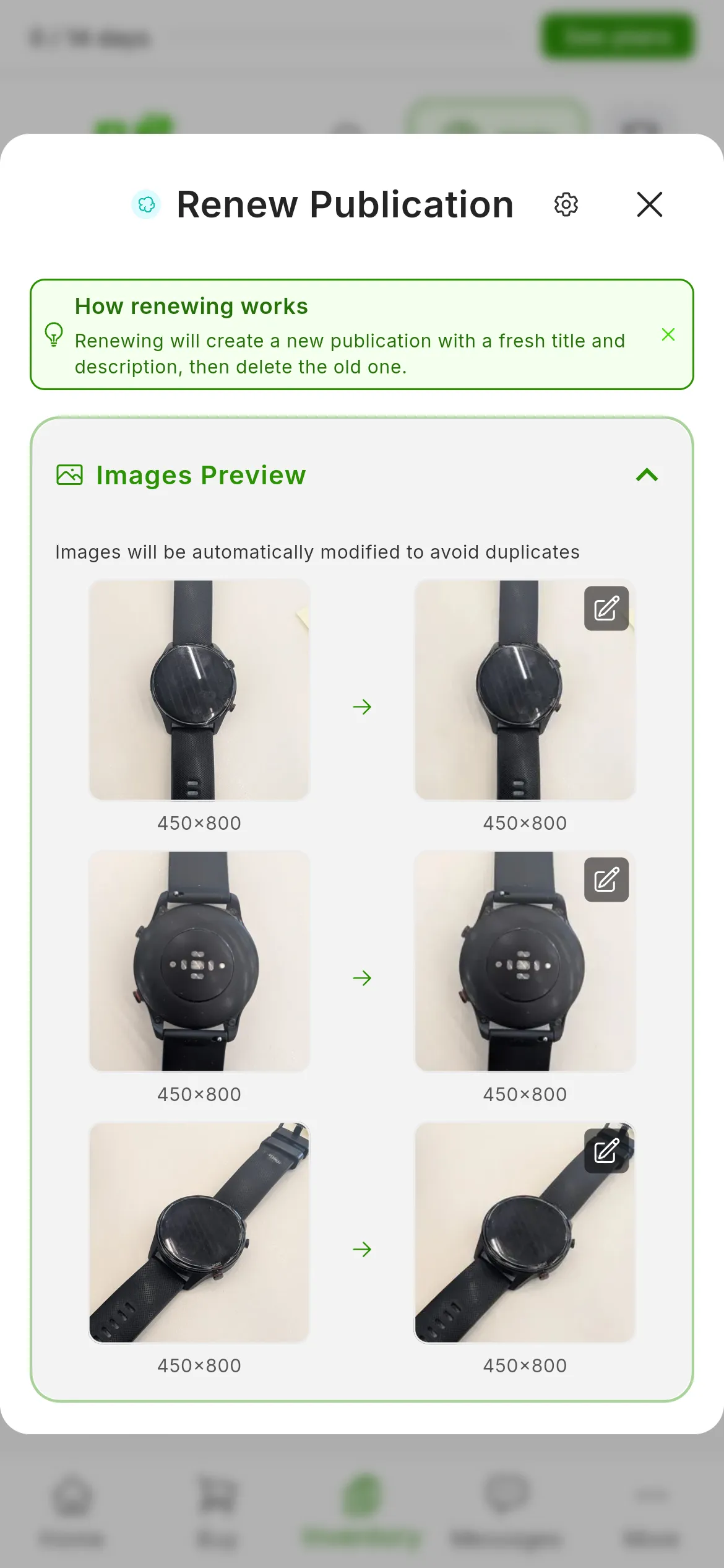 Images Preview expanded in the renew window: Images will be automatically modified to avoid duplicates and, on each row, the original photo on the left and the modified version on the right, with a different size