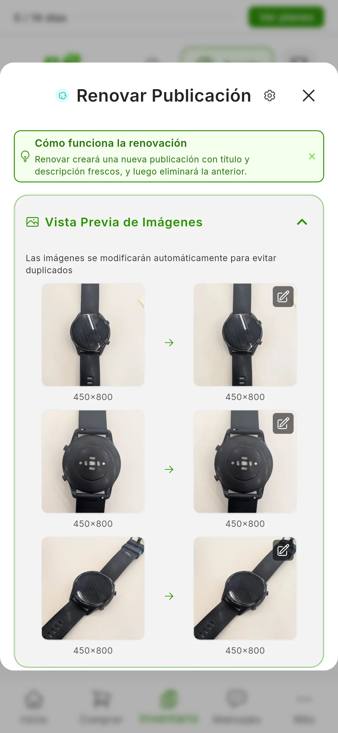 Vista Previa de Imágenes desplegada en la ventana de renovar: Las imágenes se modificarán automáticamente para evitar duplicados y, en cada fila, la foto original a la izquierda y la versión modificada a la derecha, con otro tamaño