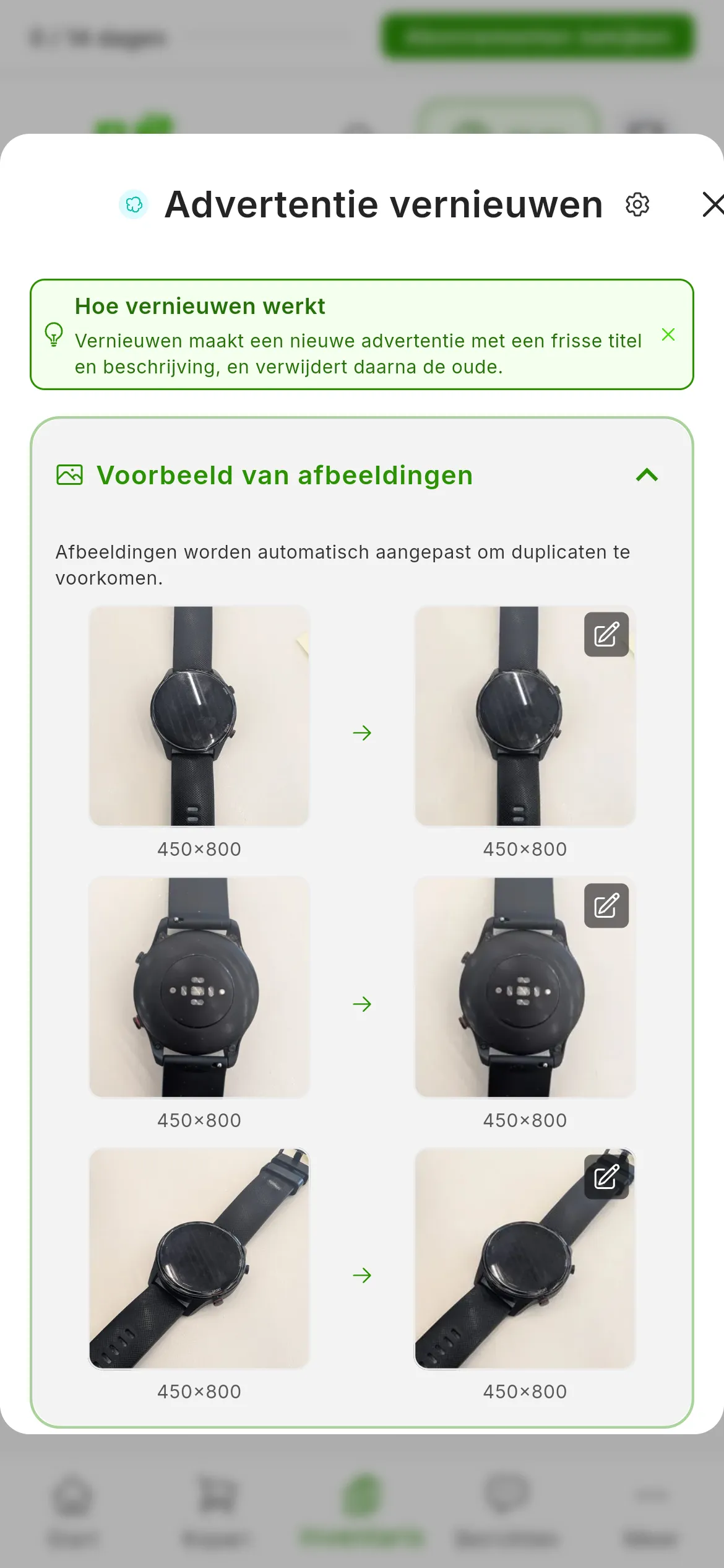 Voorbeeld van afbeeldingen opengeklapt in het venster om te vernieuwen: Afbeeldingen worden automatisch aangepast om duplicaten te voorkomen. en, in elke rij, de originele foto links en de aangepaste versie rechts, in een ander formaat