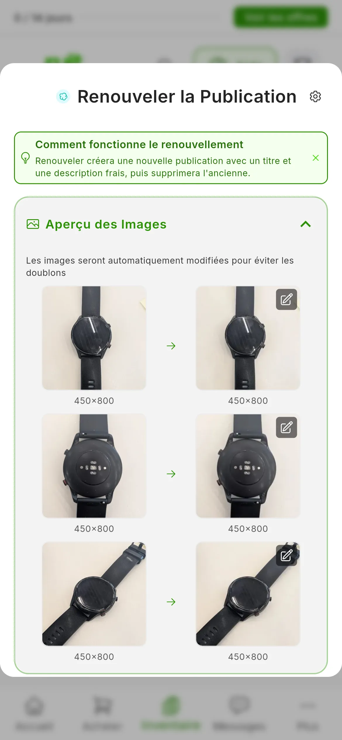 Aperçu des Images déplié dans la fenêtre de renouvellement : Les images seront automatiquement modifiées pour éviter les doublons et, sur chaque ligne, la photo d'origine à gauche et la version modifiée à droite, d'une autre taille