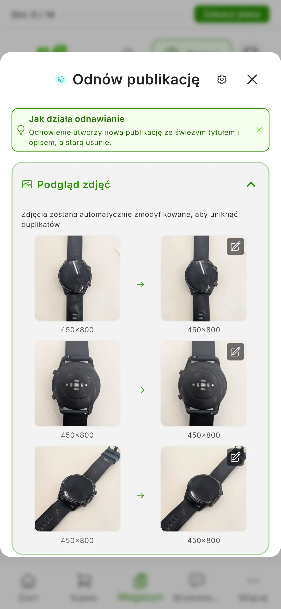 Rozwinięty Podgląd zdjęć w oknie odnawiania: Zdjęcia zostaną automatycznie zmodyfikowane, aby uniknąć duplikatów, a w każdym wierszu oryginalne zdjęcie po lewej i zmodyfikowana wersja po prawej, w innym rozmiarze