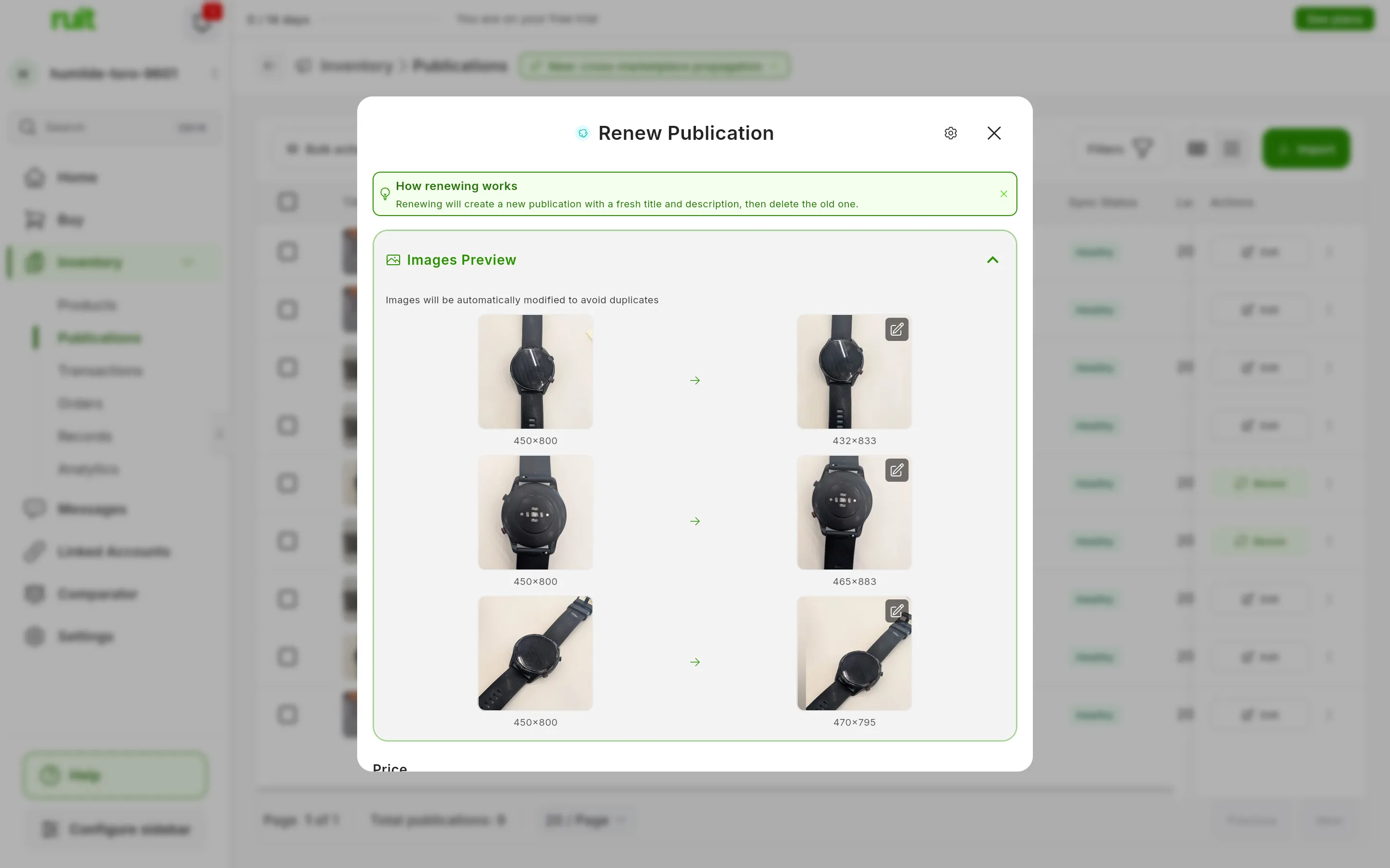 Images Preview expanded in the renew window: Images will be automatically modified to avoid duplicates and, on each row, the original photo on the left and the modified version on the right, with a different size