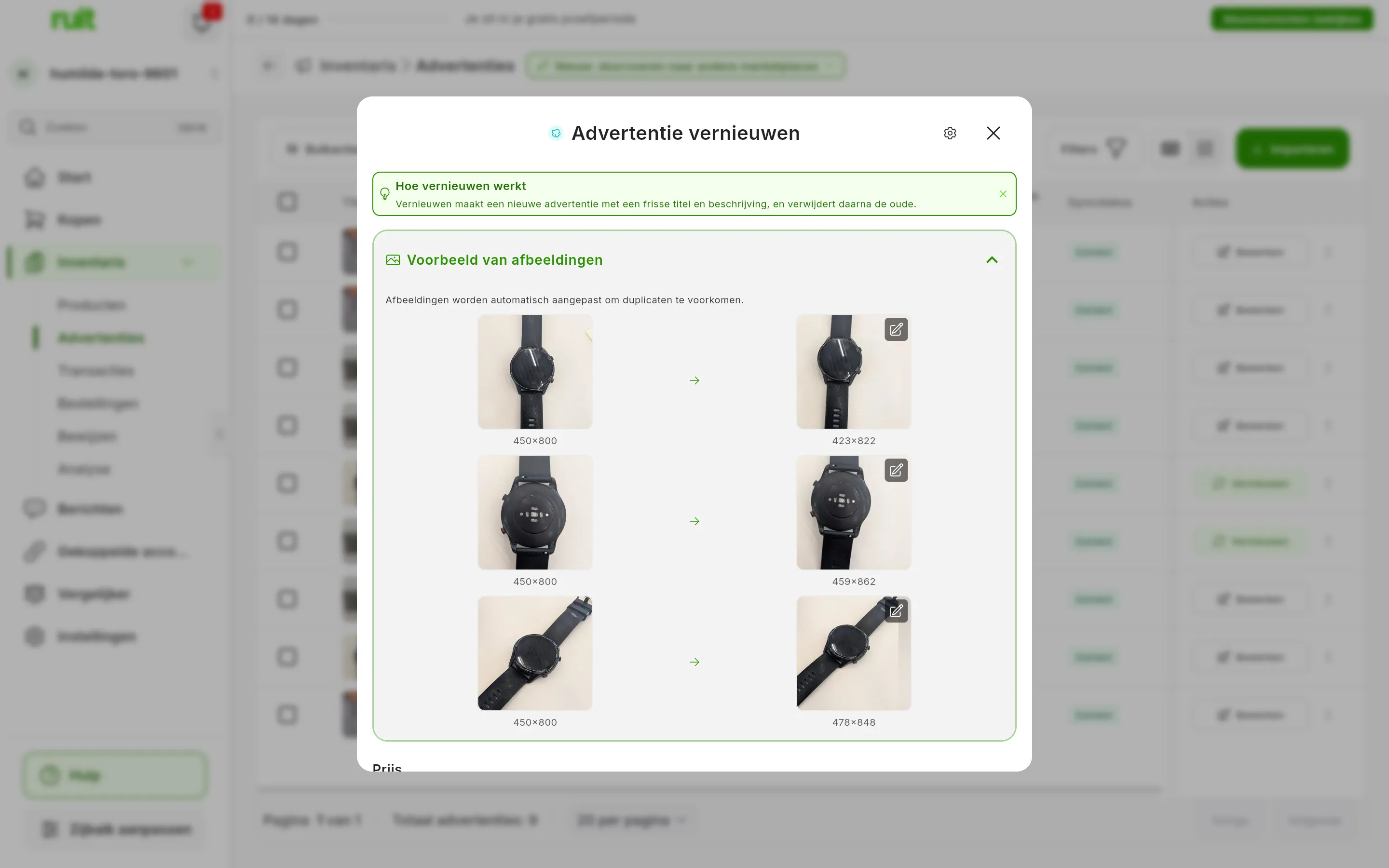 Voorbeeld van afbeeldingen opengeklapt in het venster om te vernieuwen: Afbeeldingen worden automatisch aangepast om duplicaten te voorkomen. en, in elke rij, de originele foto links en de aangepaste versie rechts, in een ander formaat