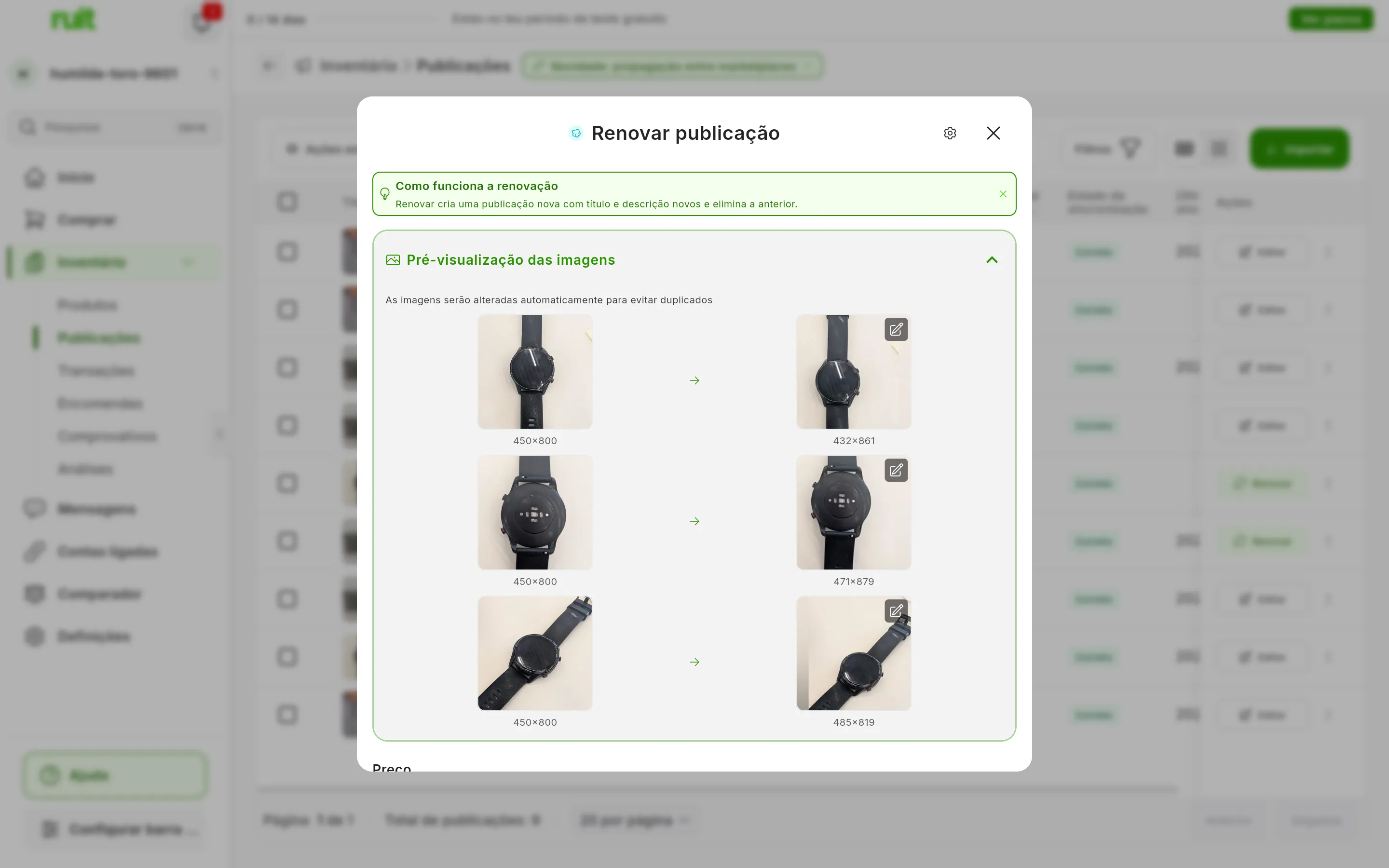 Pré-visualização das imagens aberta na janela de renovar: As imagens serão alteradas automaticamente para evitar duplicados e, em cada linha, a foto original à esquerda e a versão alterada à direita, com outro tamanho