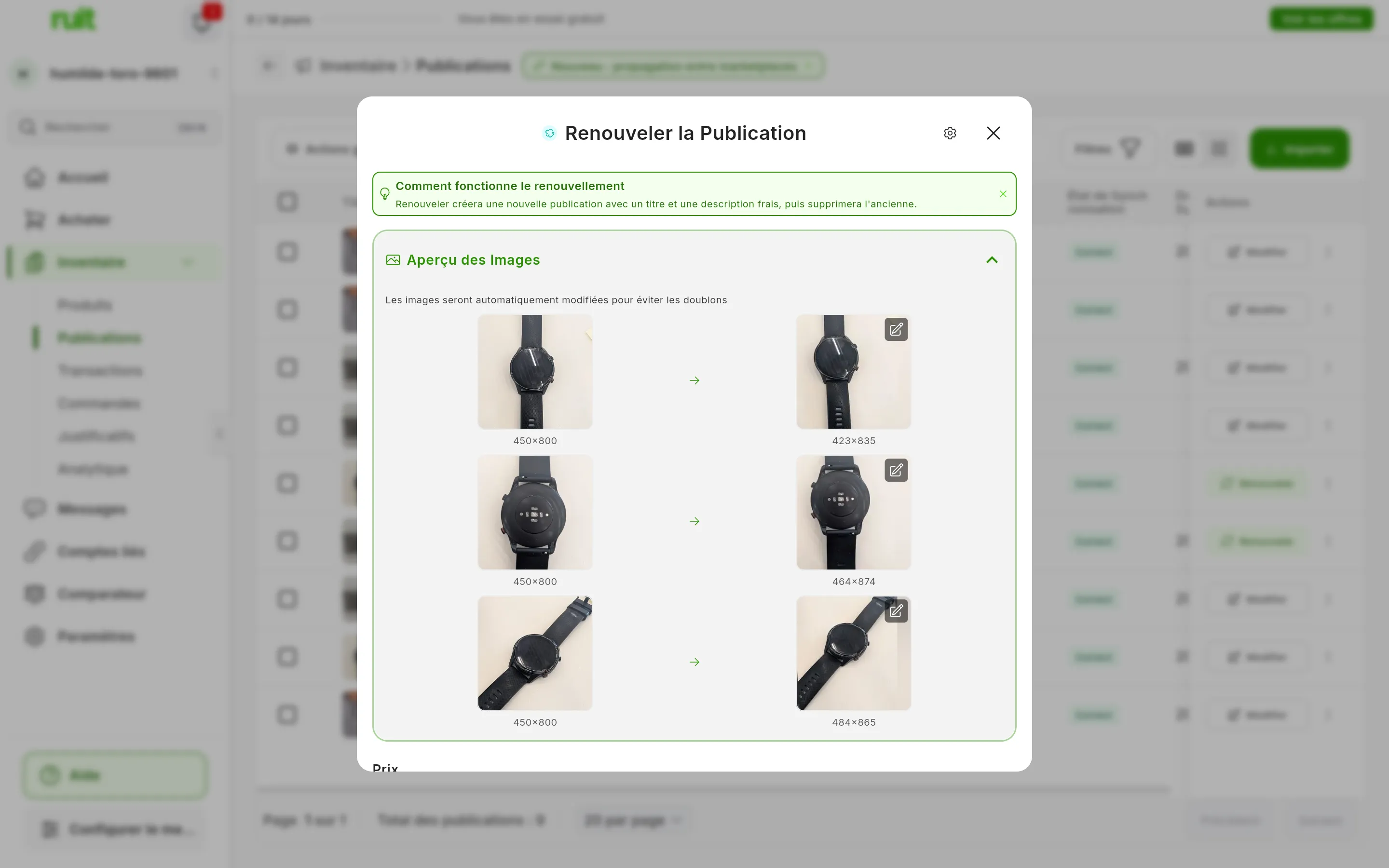 Aperçu des Images déplié dans la fenêtre de renouvellement : Les images seront automatiquement modifiées pour éviter les doublons et, sur chaque ligne, la photo d'origine à gauche et la version modifiée à droite, d'une autre taille