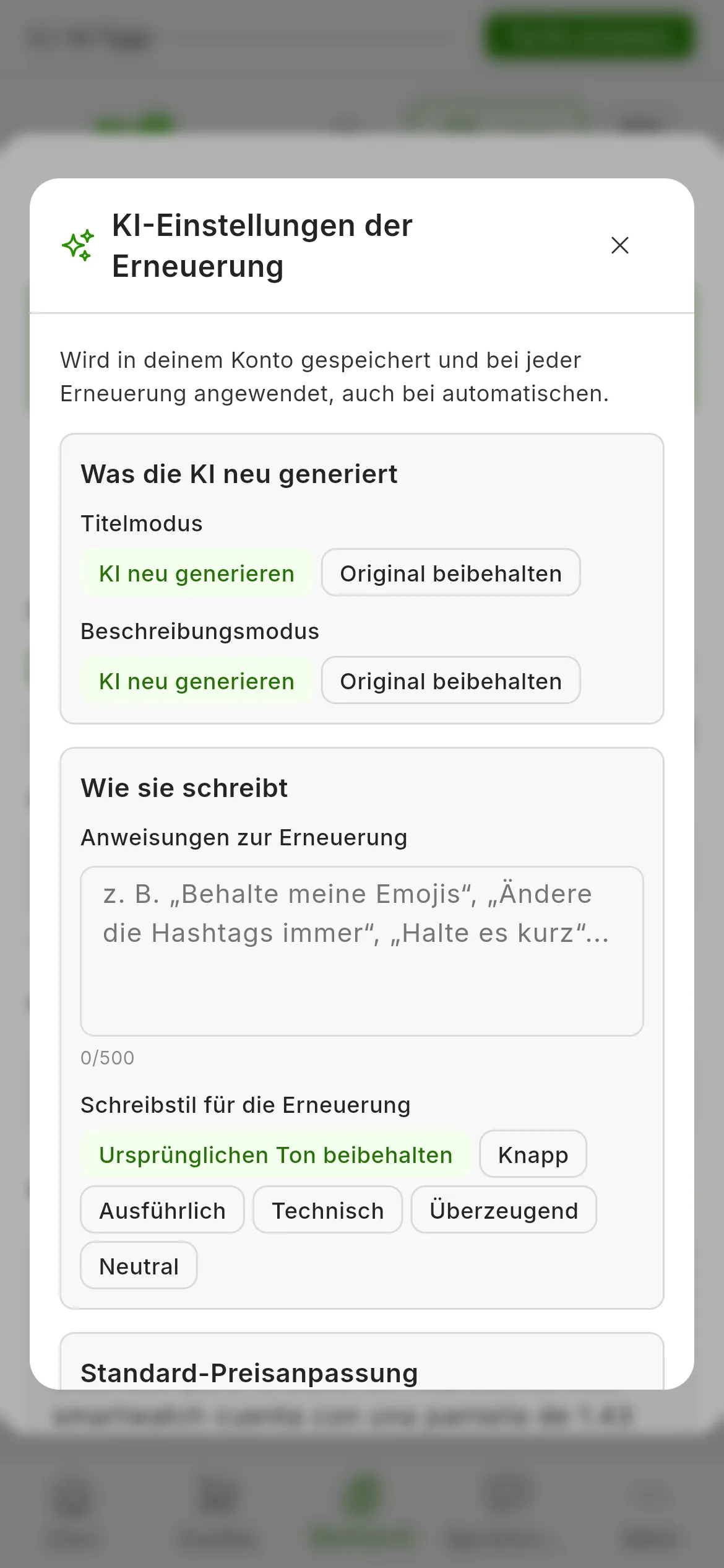 Das Fenster KI-Einstellungen der Erneuerung: Was die KI neu generiert, mit Titelmodus und Beschreibungsmodus auf KI neu generieren; Wie sie schreibt, mit Anweisungen zur Erneuerung und Schreibstil für die Erneuerung auf Ursprünglichen Ton beibehalten; und Standard-Preisanpassung auf Preis behalten