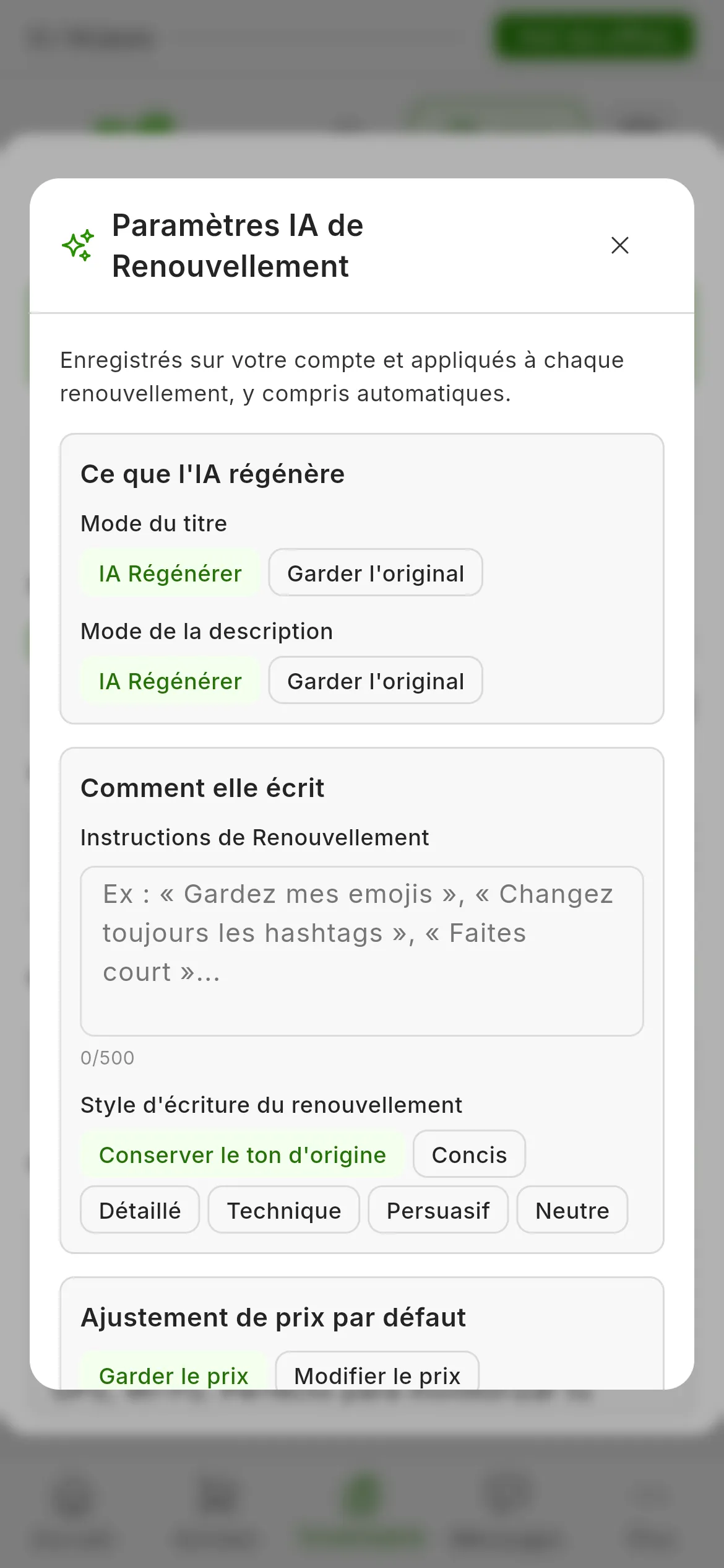 La fenêtre Paramètres IA de Renouvellement : Ce que l'IA régénère, avec le Mode du titre et le Mode de la description sur IA Régénérer ; Comment elle écrit, avec les Instructions de Renouvellement et le Style d'écriture du renouvellement sur Conserver le ton d'origine ; et l'Ajustement de prix par défaut sur Garder le prix