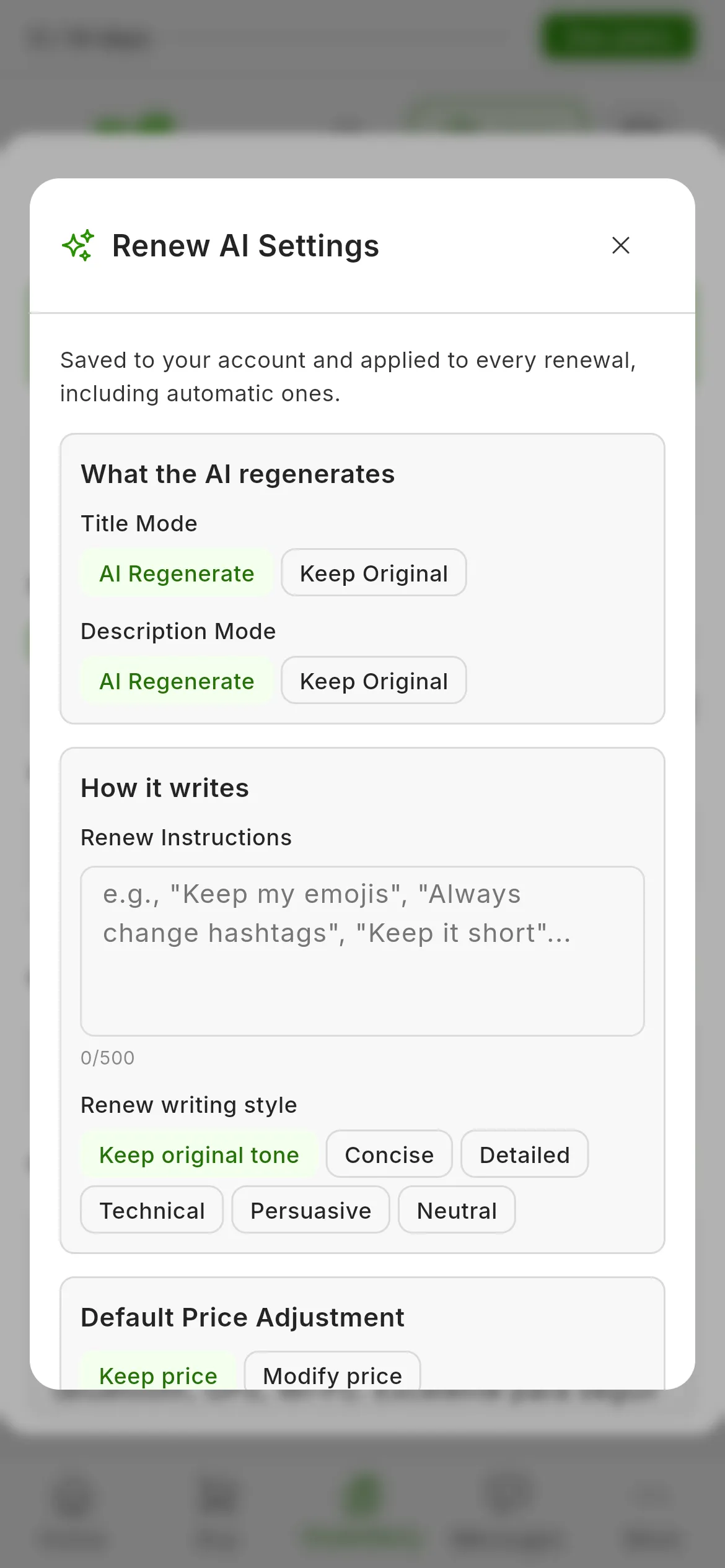 The Renew AI Settings window: What the AI regenerates, with Title Mode and Description Mode on AI Regenerate; How it writes, with the Renew Instructions and the Renew writing style on Keep original tone; and the Default Price Adjustment on Keep price